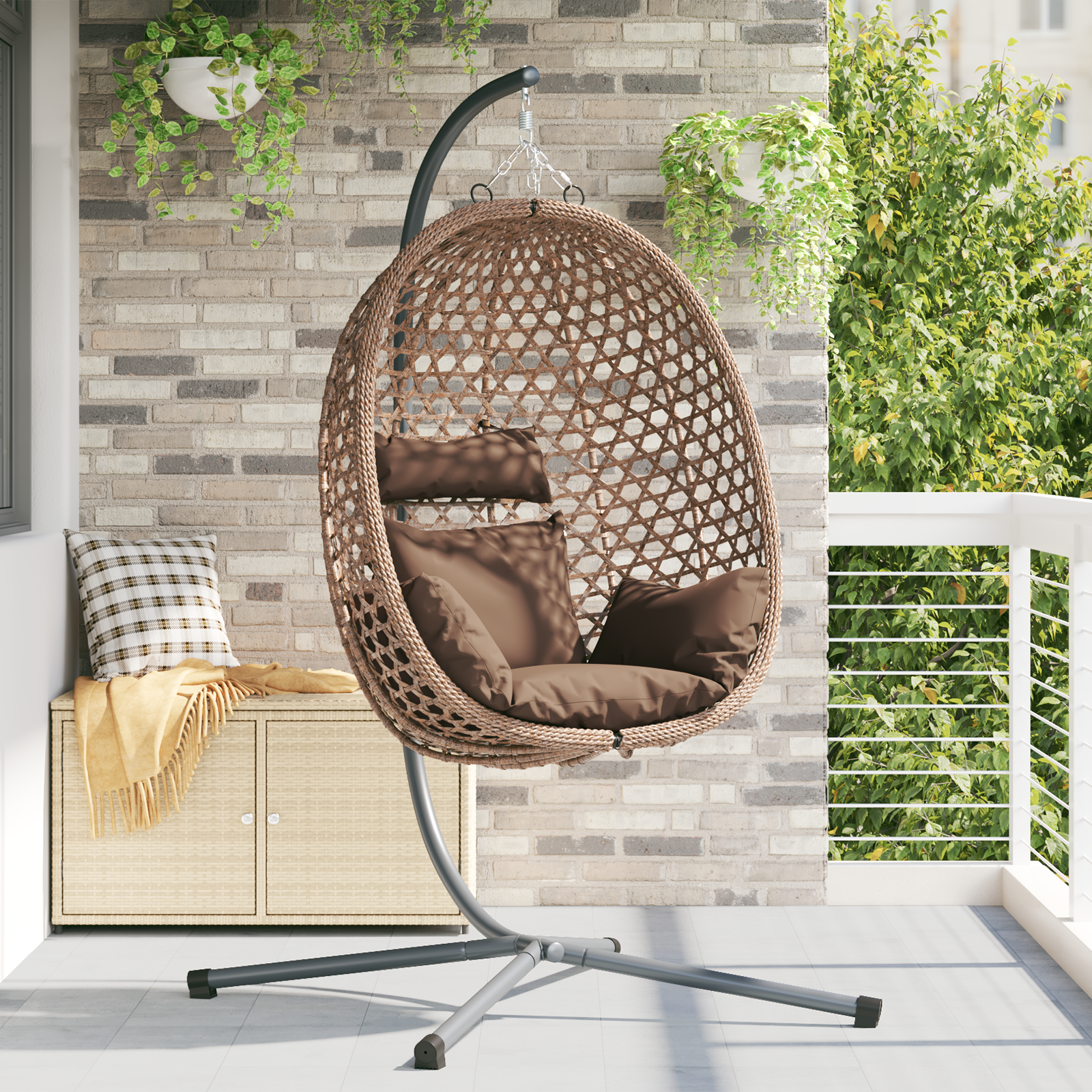Hangende Eierdstoel Mand met Standaard Koffie Poly Rattan