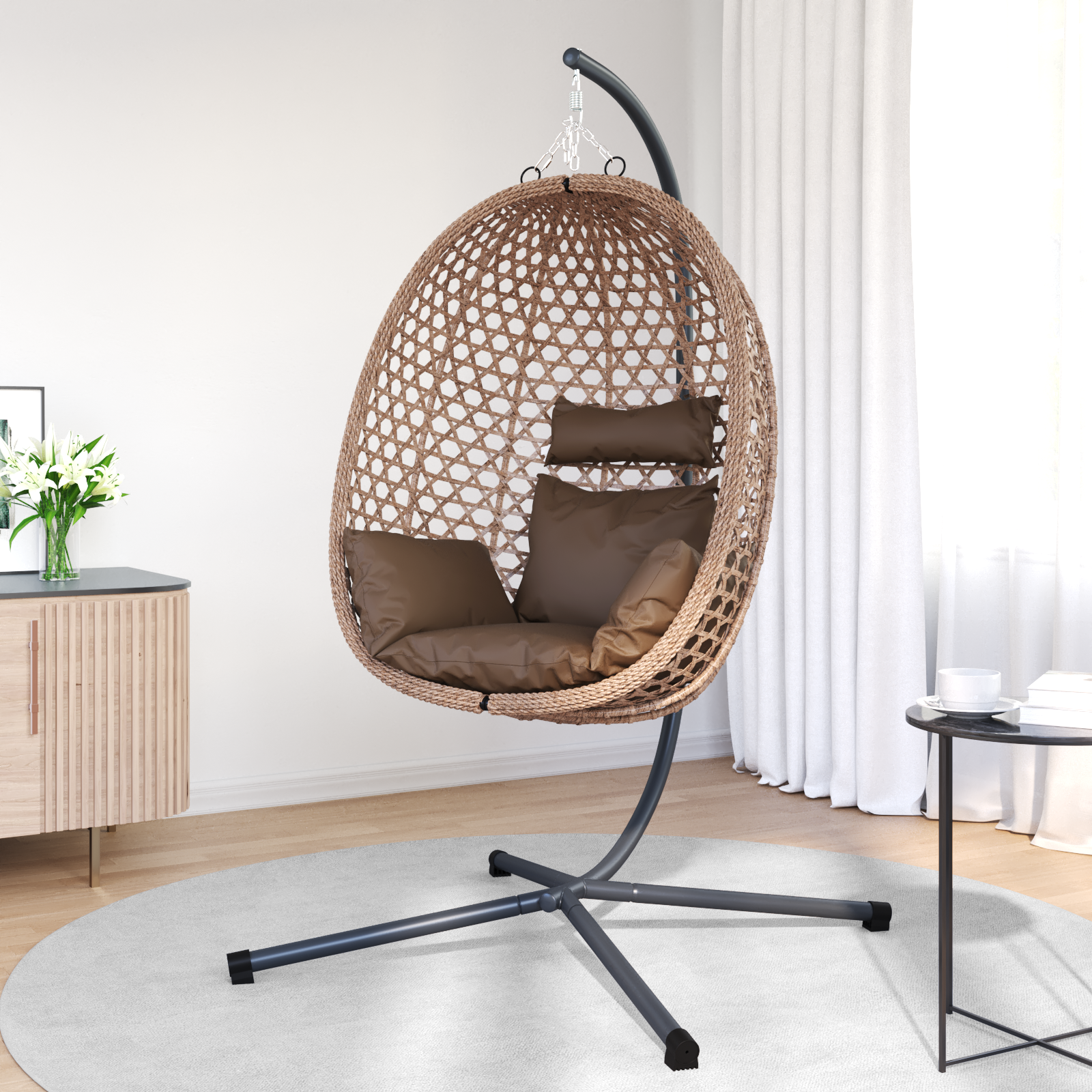 Hanging Egg Chair Basket с стойка Кафяво Полиестерен ратан - Image 3