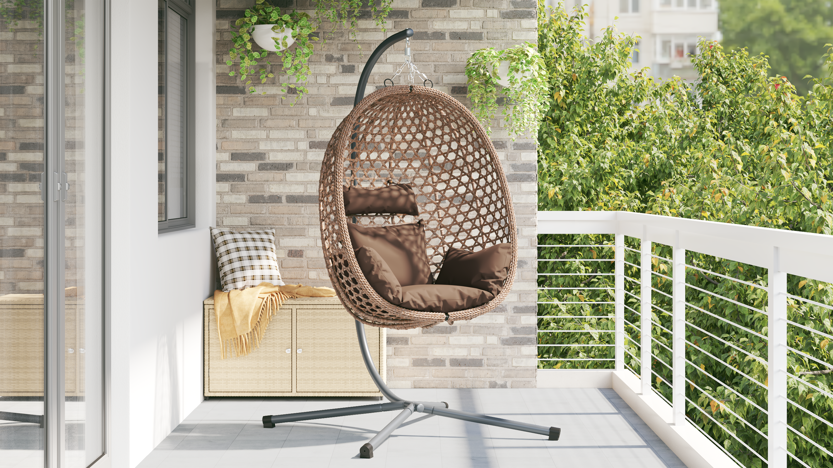 Hanging Egg Chair Basket с стойка Кафяво Полиестерен ратан - Image 4