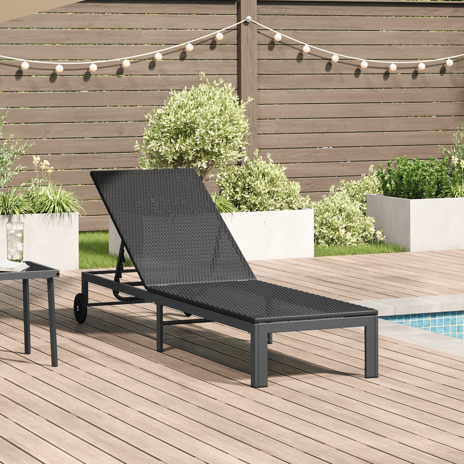 Sunbed with Wheels Black Poly Rattan
