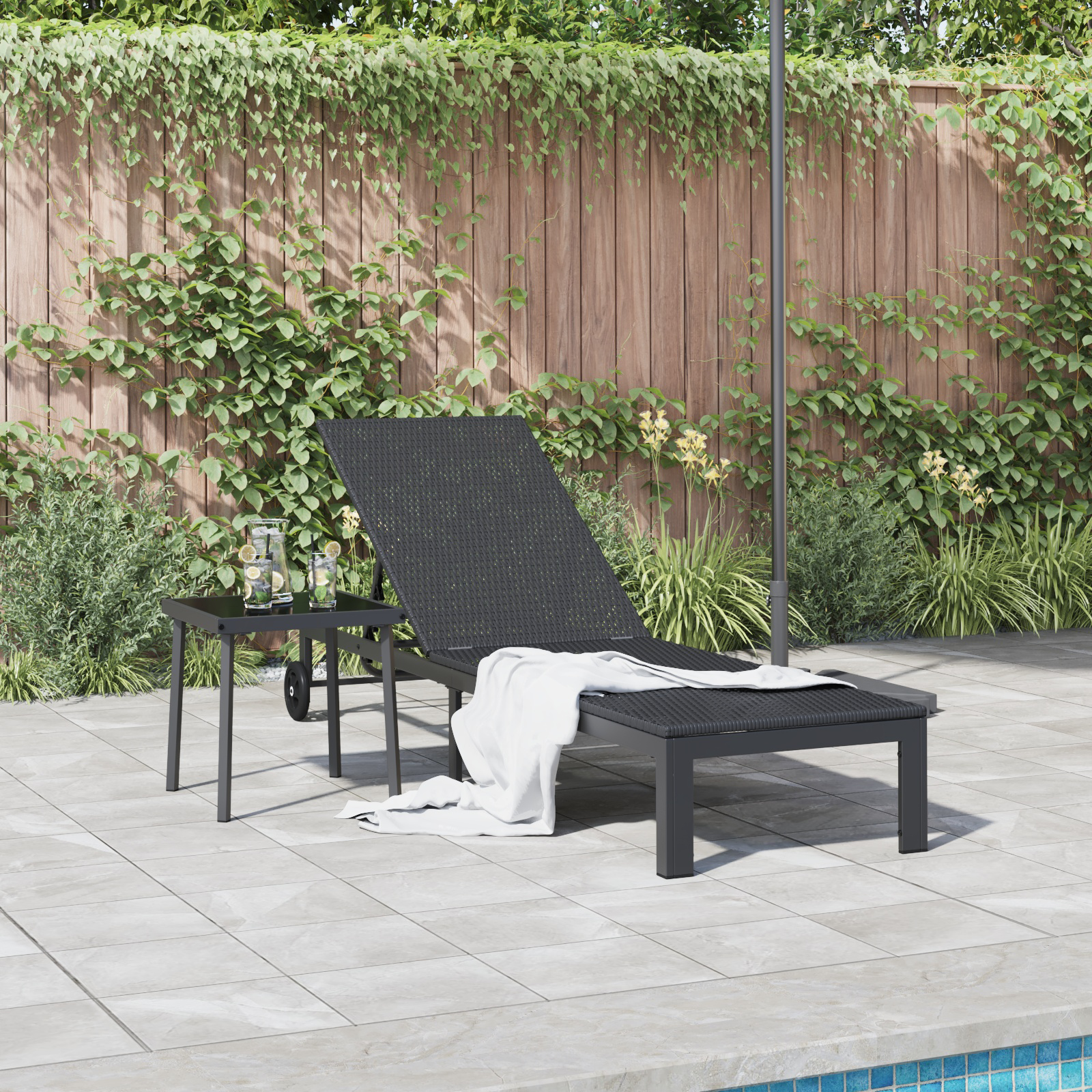 Sunbed with Wheels Black Poly Rattan - Image 3