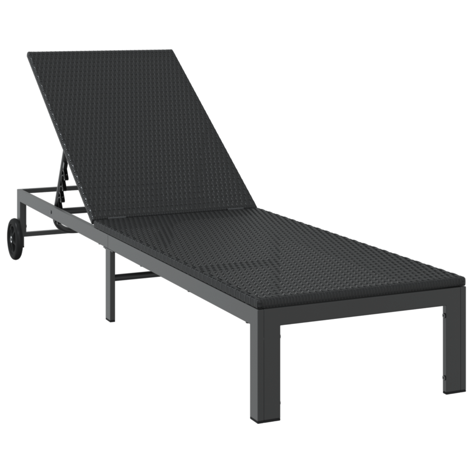 Sunbeds 2 pcs with Wheels and Table Black Poly Rattan - Image 5