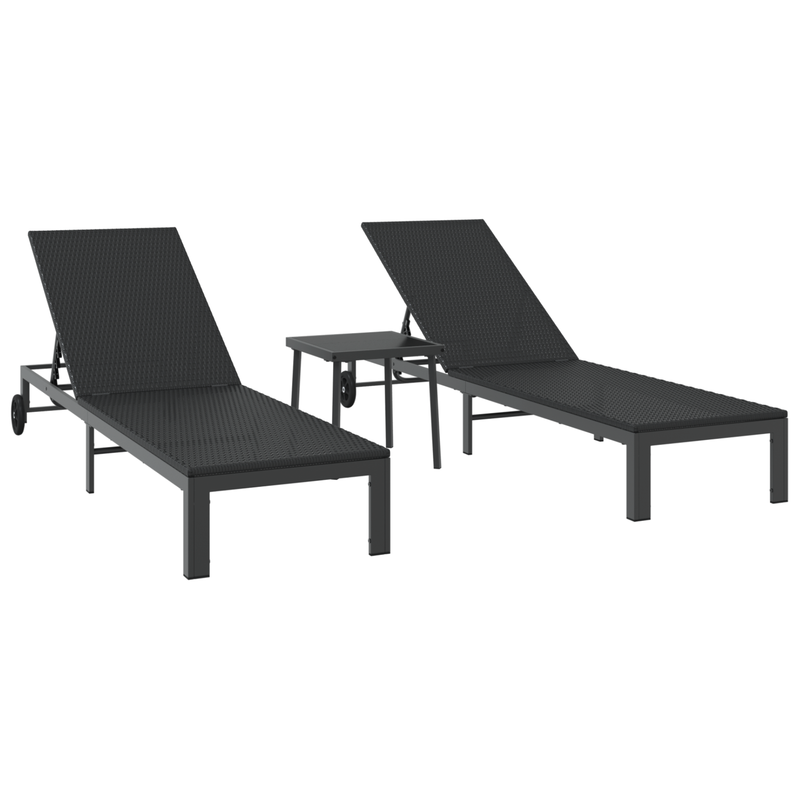 Sunbeds 2 pcs with Wheels and Table Black Poly Rattan - Image 2