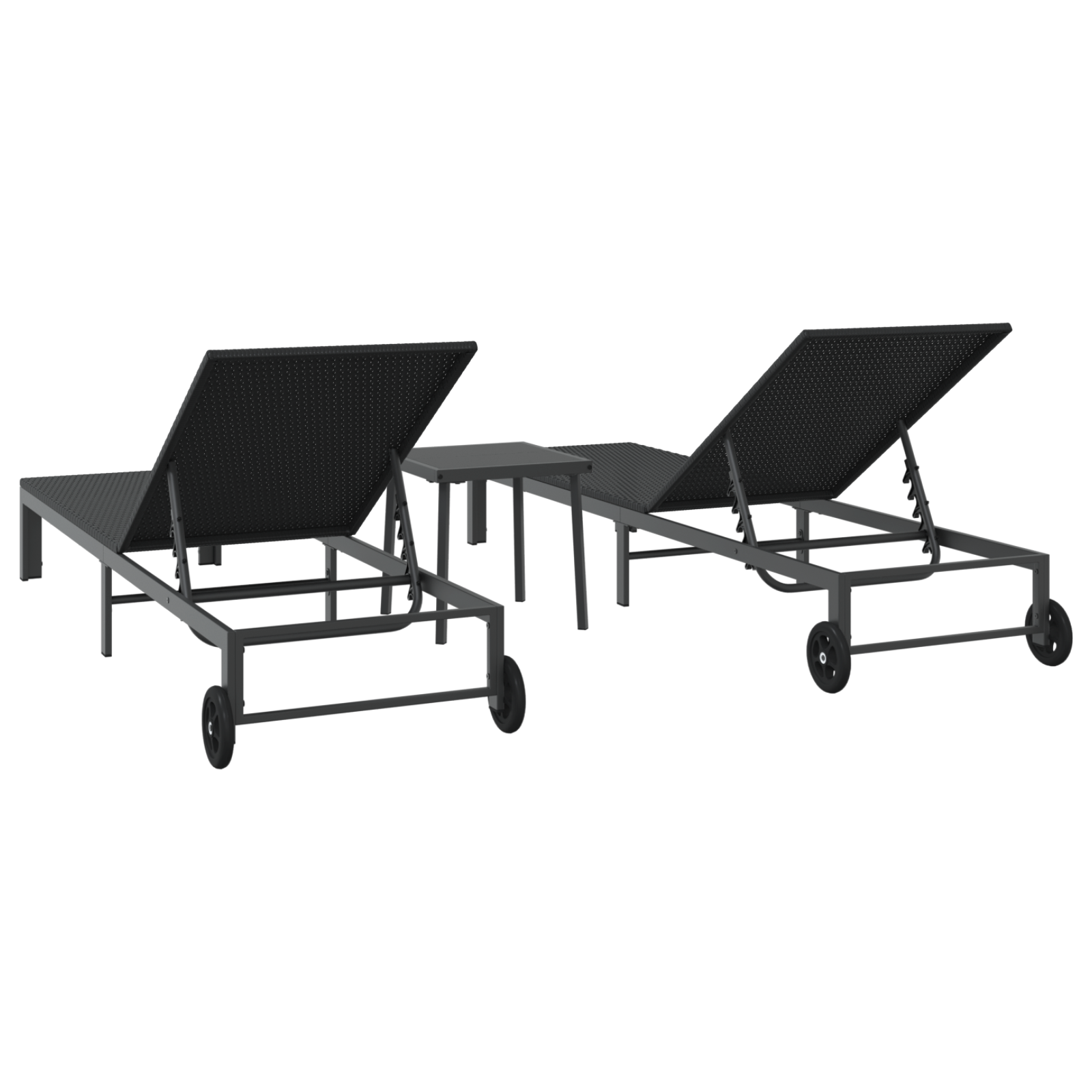 Sunbeds 2 pcs with Wheels and Table Black Poly Rattan - Image 9