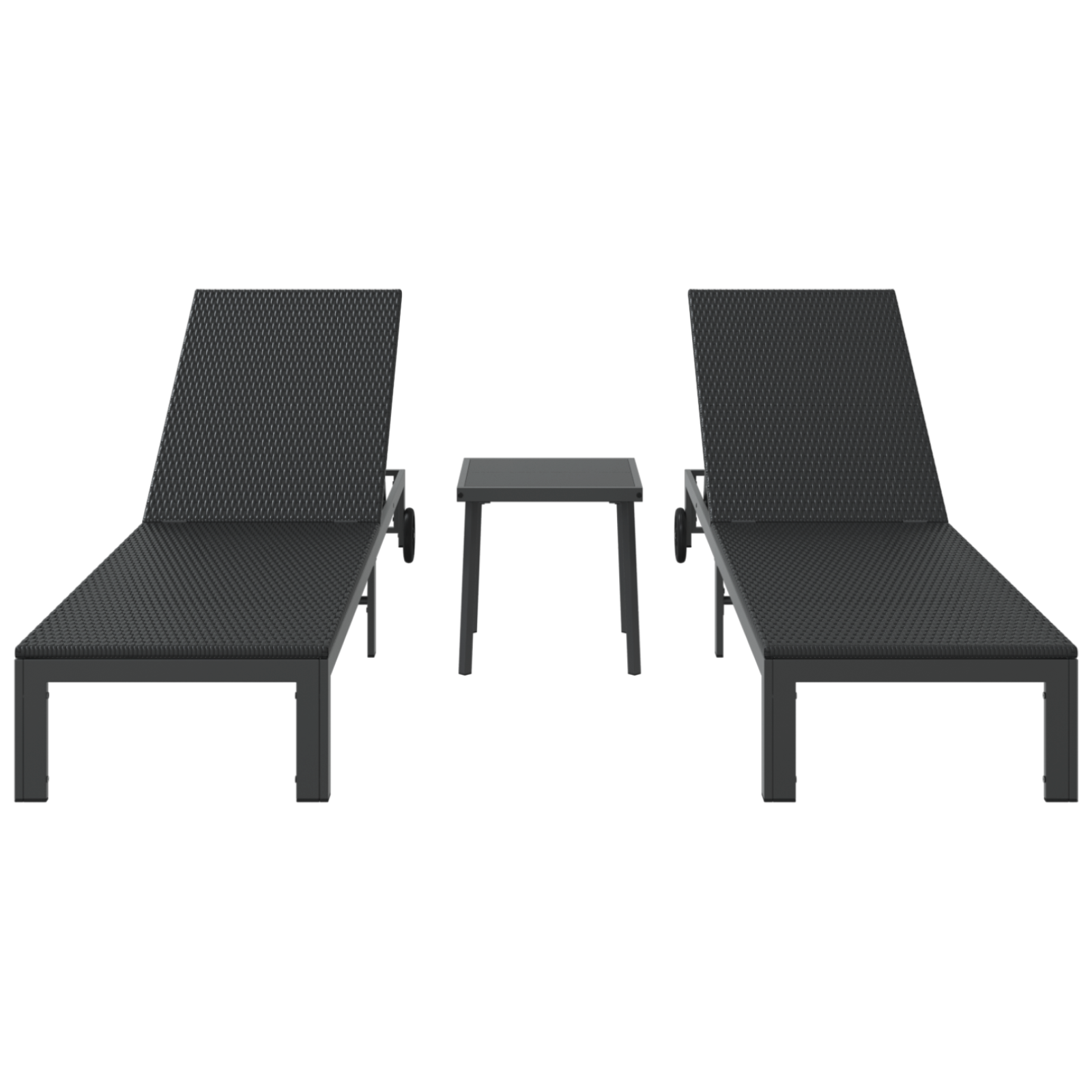 Sunbeds 2 pcs with Wheels and Table Black Poly Rattan - Image 7