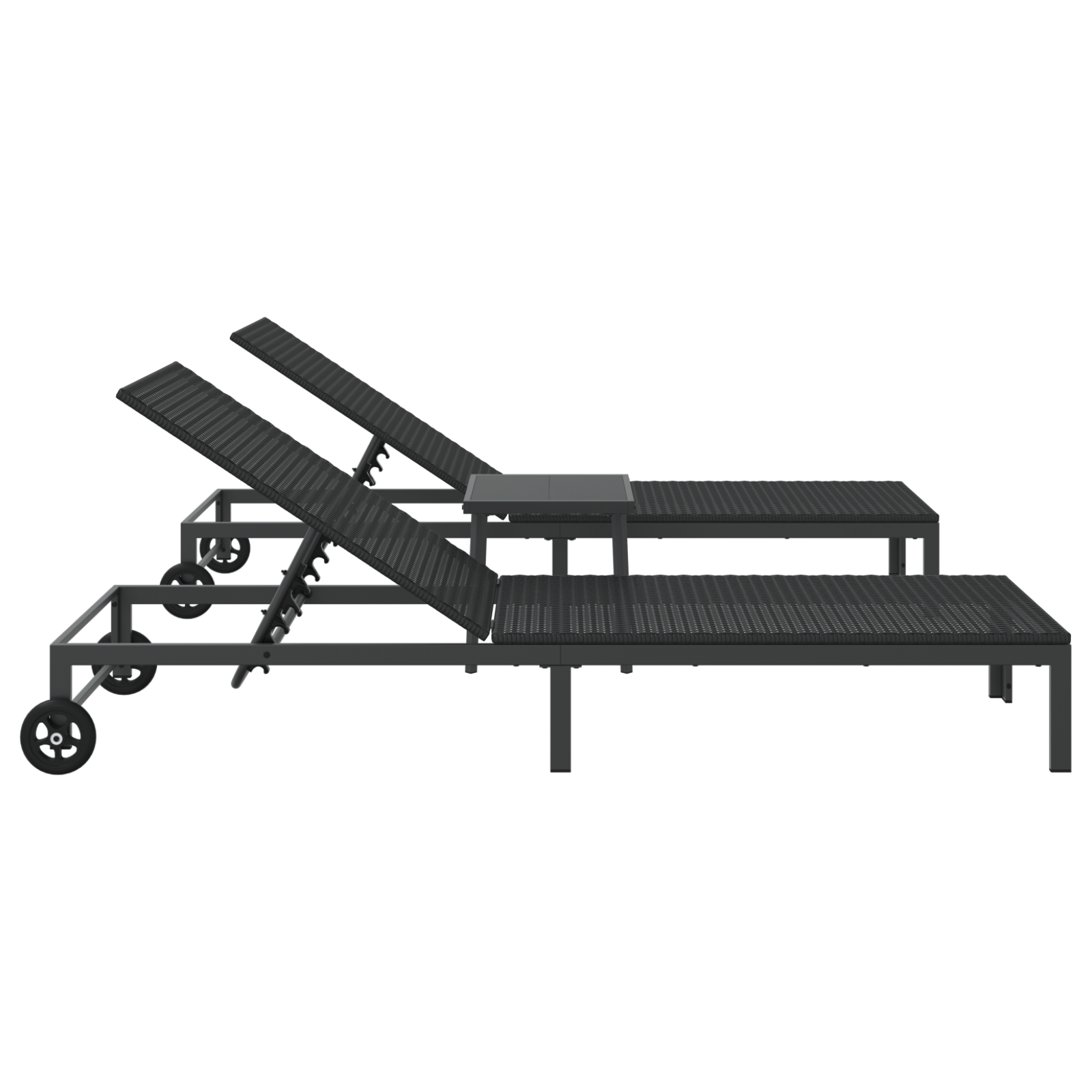 Sunbeds 2 pcs with Wheels and Table Black Poly Rattan - Image 8