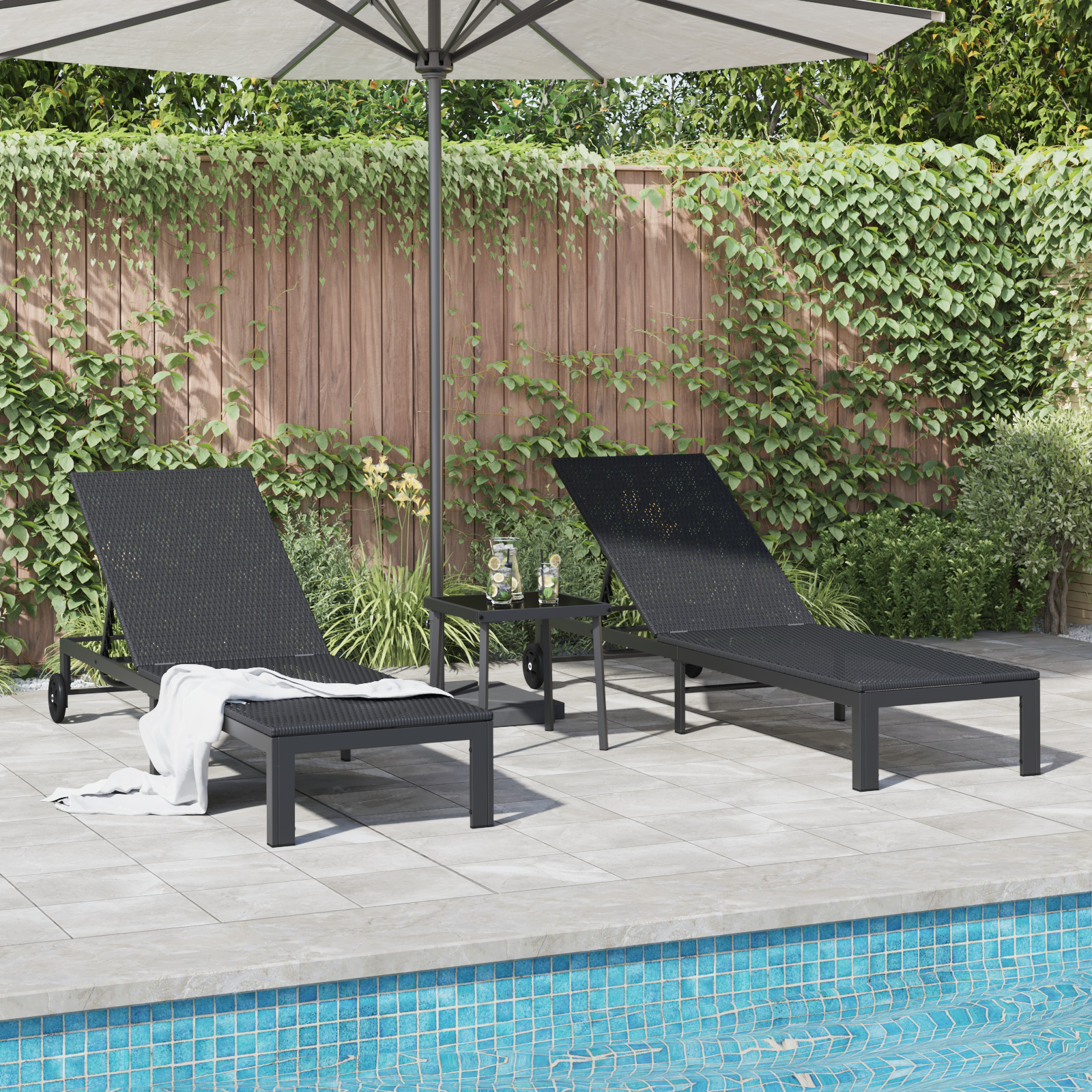 Sunbeds 2 pcs with Wheels and Table Black Poly Rattan - Image 4