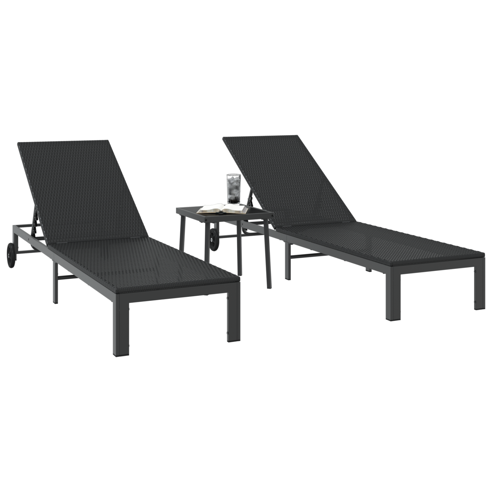 Sunbeds 2 pcs with Wheels and Table Black Poly Rattan - Image 3