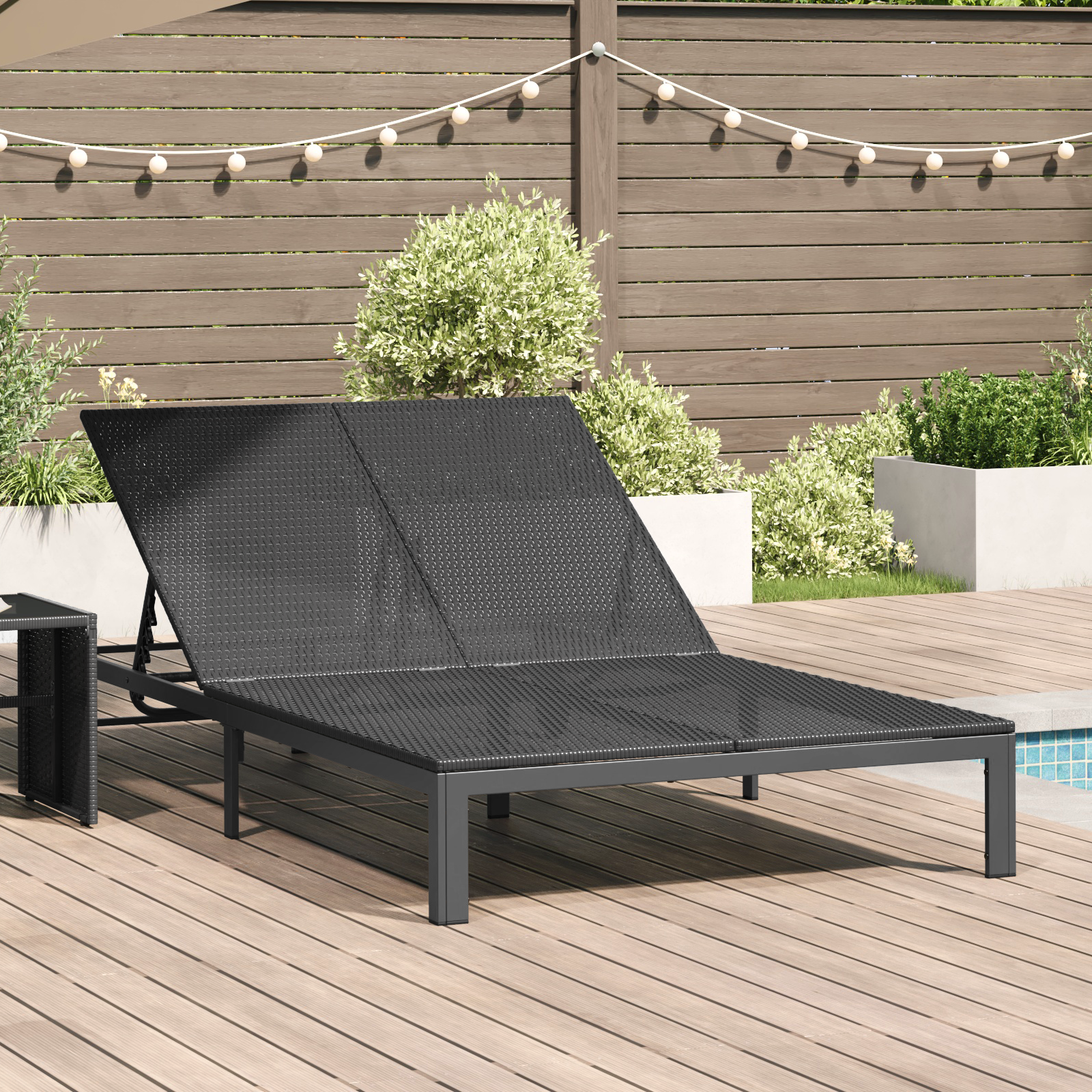 Thumbnail - vidaXL Doppel-Sonnenliege mit Kissen und Rädern Schwarz Poly Rattan