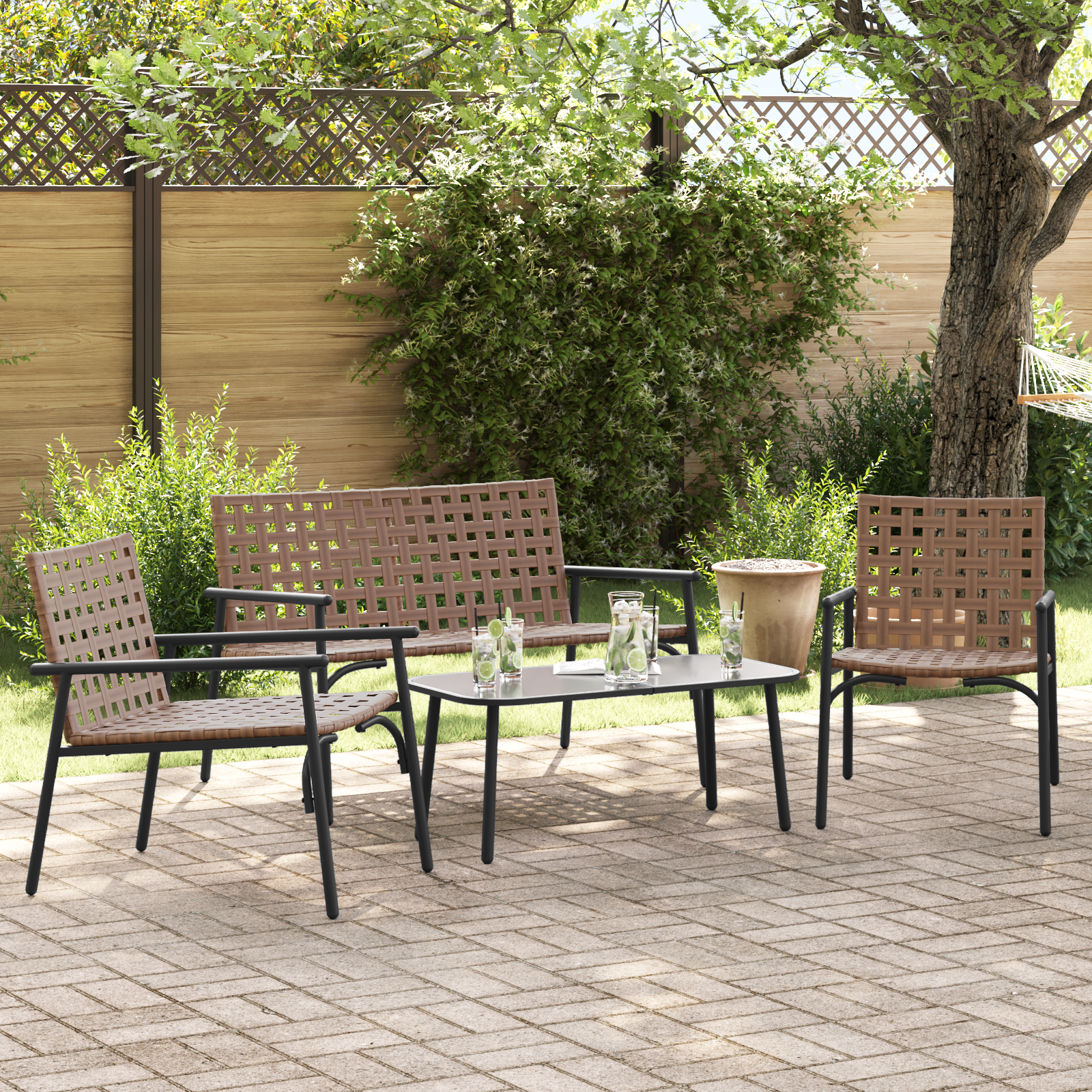 4 Piece Outdoor Coffee Set Brown Rattan and Steel