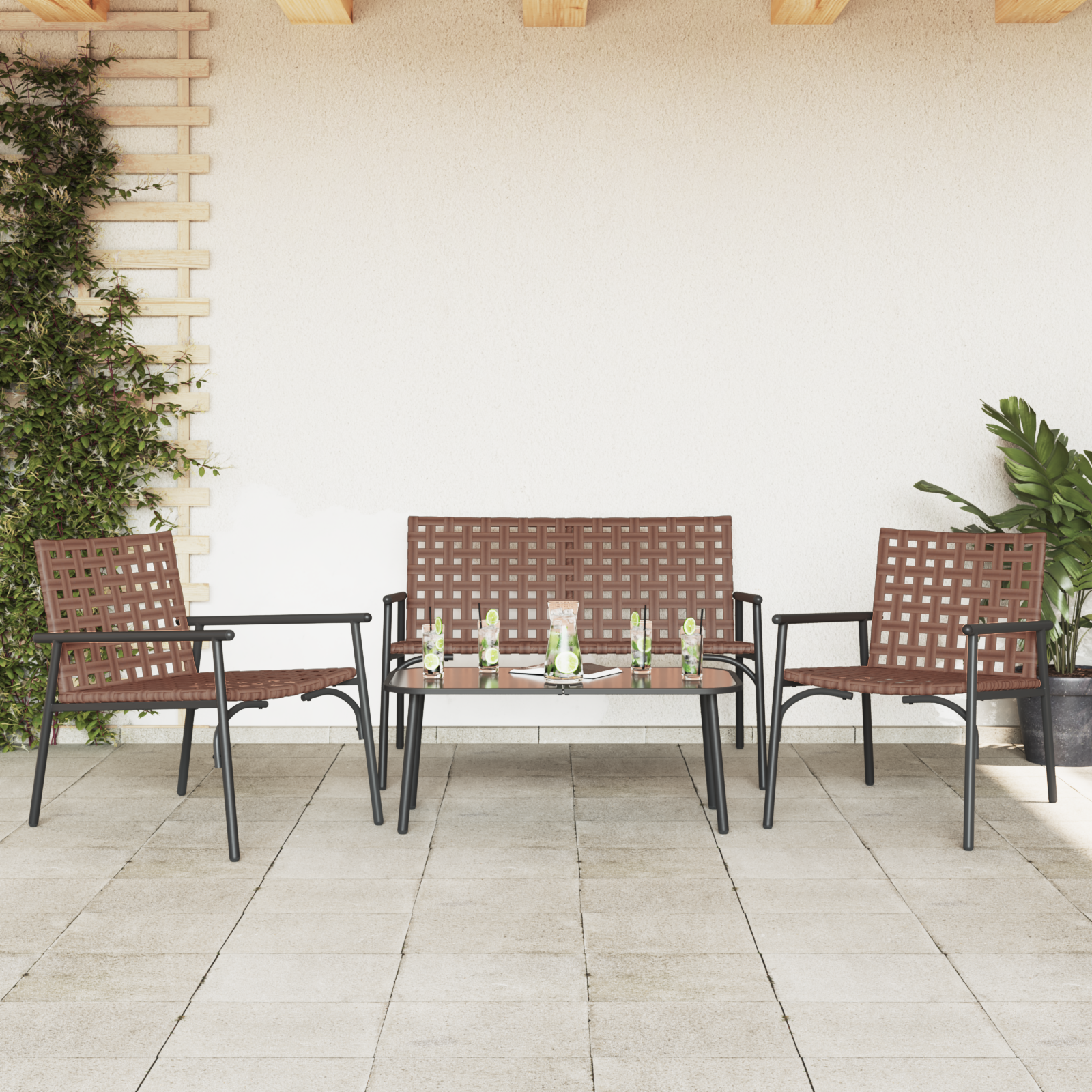 4 Piece Outdoor Coffee Set Brown Rattan and Steel - Image 3