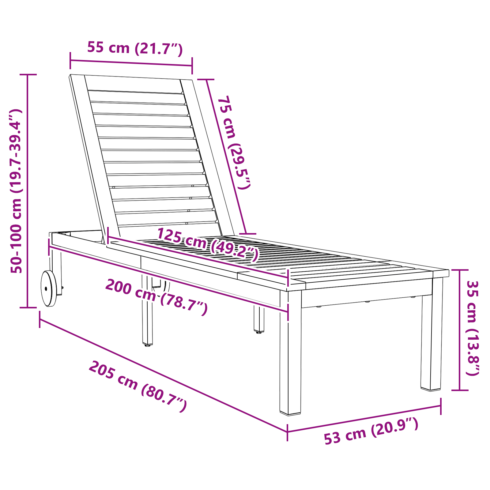 Sun Lounger with Wheels 207x58x35 cm Solid Wood Acacia&Stainless Steel - Image 10