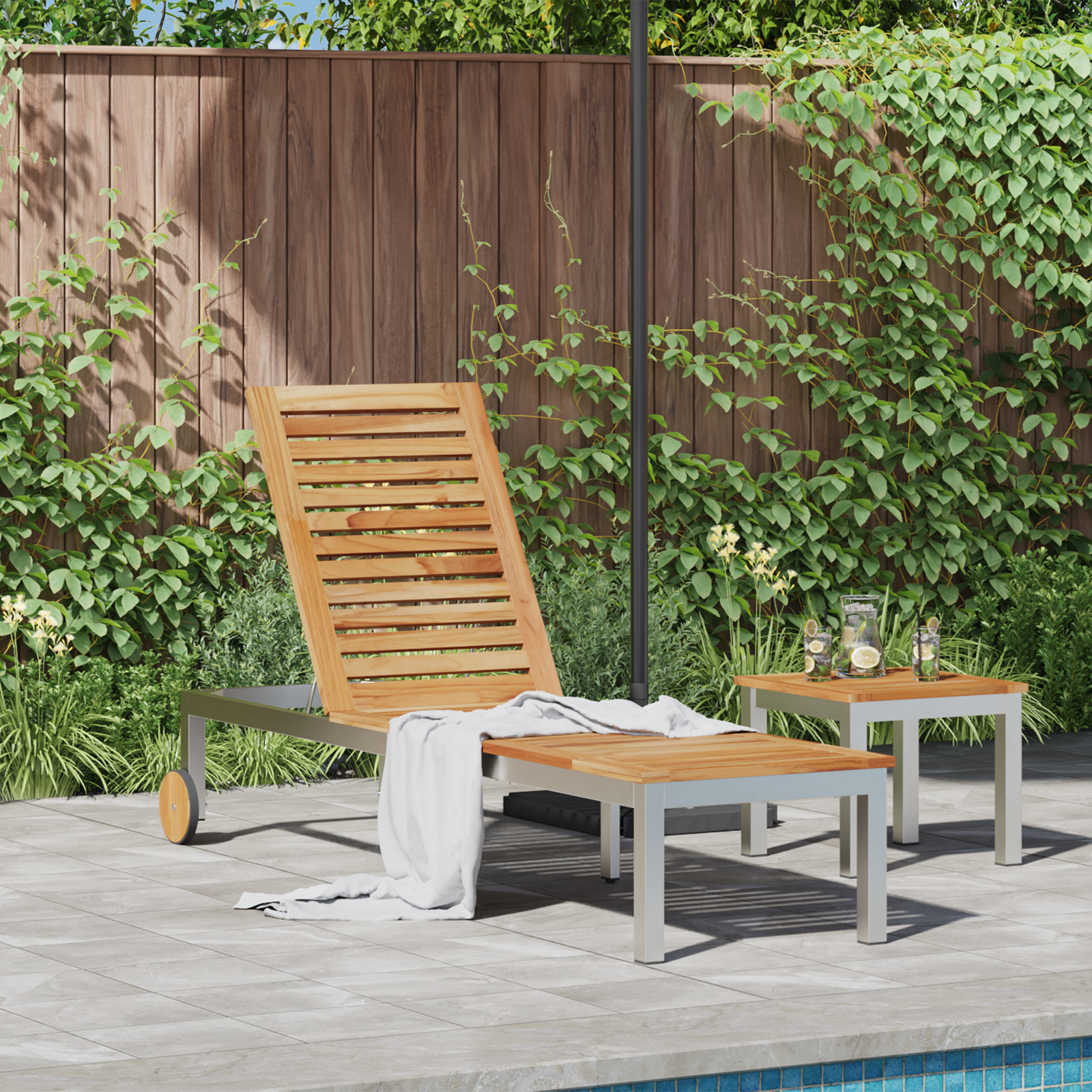 Zonnebank met Wielen 207x58x35 cm Massief Acaciahout en RVS