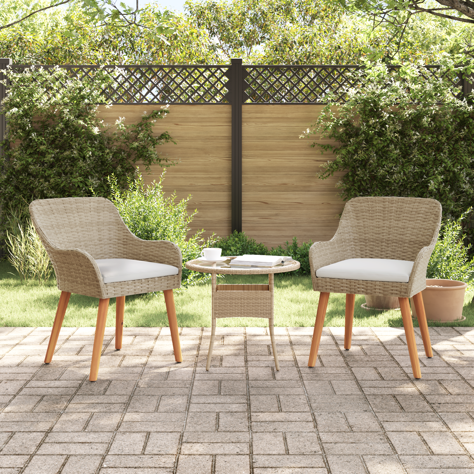 Garden Chairs with Cushions 2 pcs Beige Poly Rattan