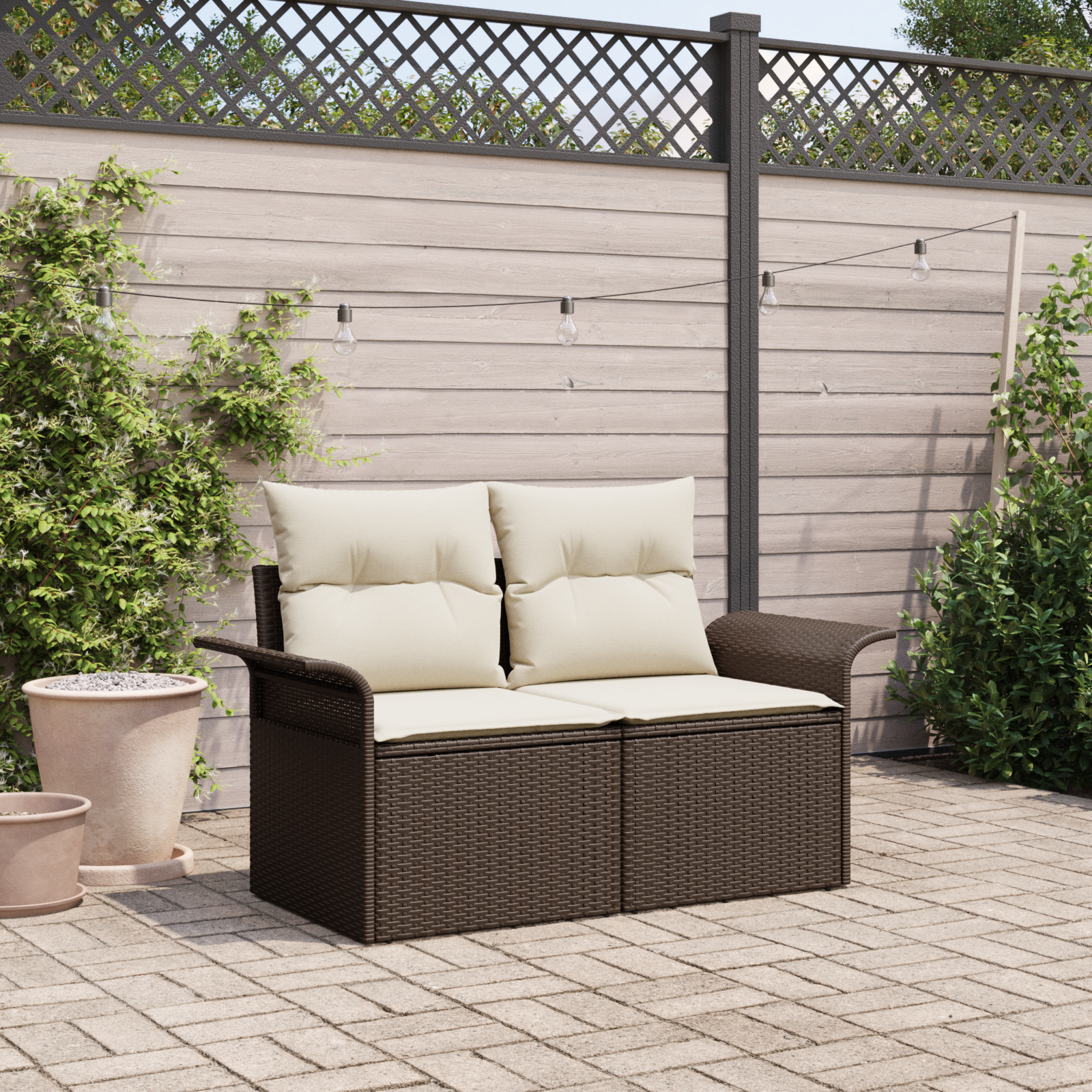 2-Seater Garden Sofa with Cushions Brown Poly Rattan