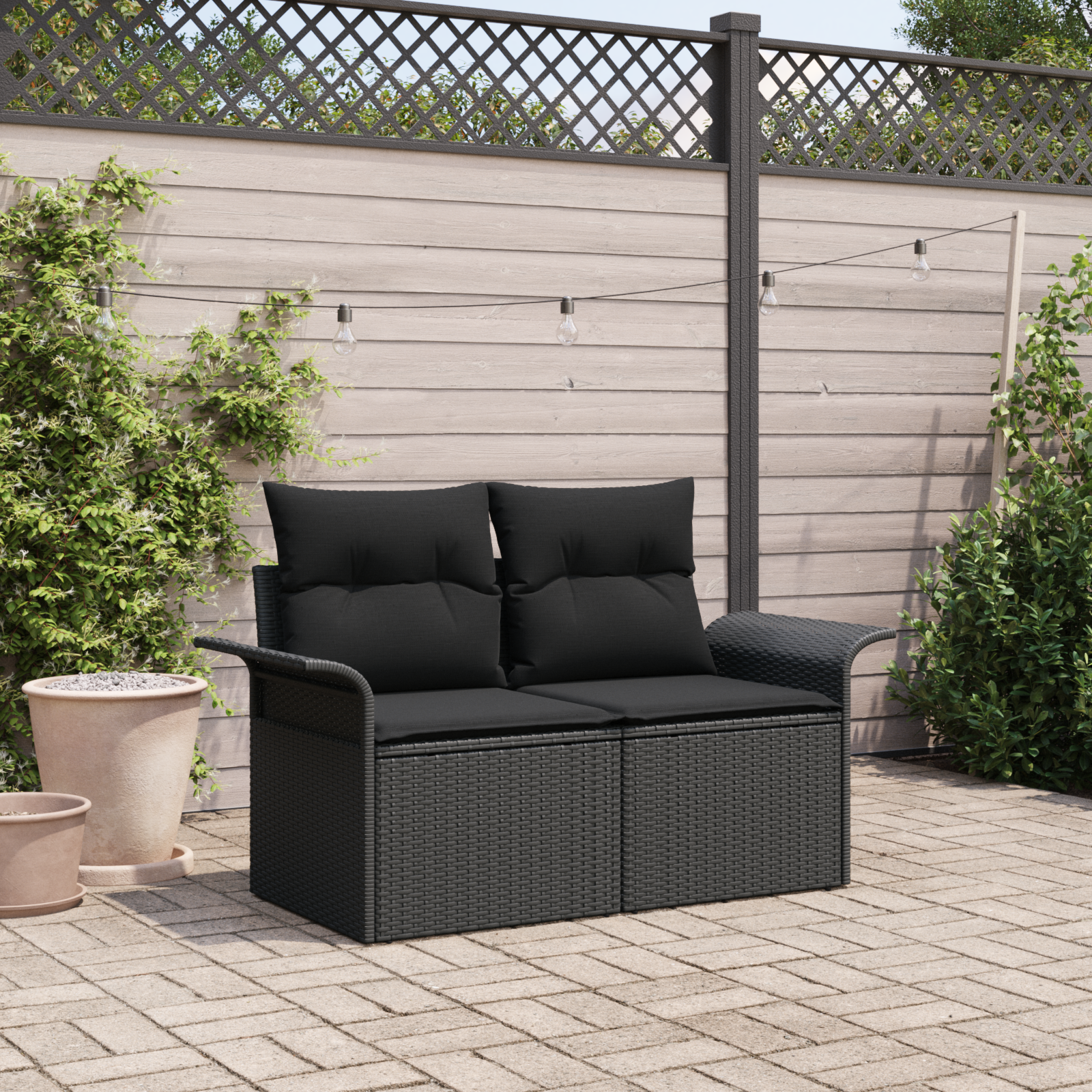 2-Seater Garden Sofa with Cushions Black Poly Rattan