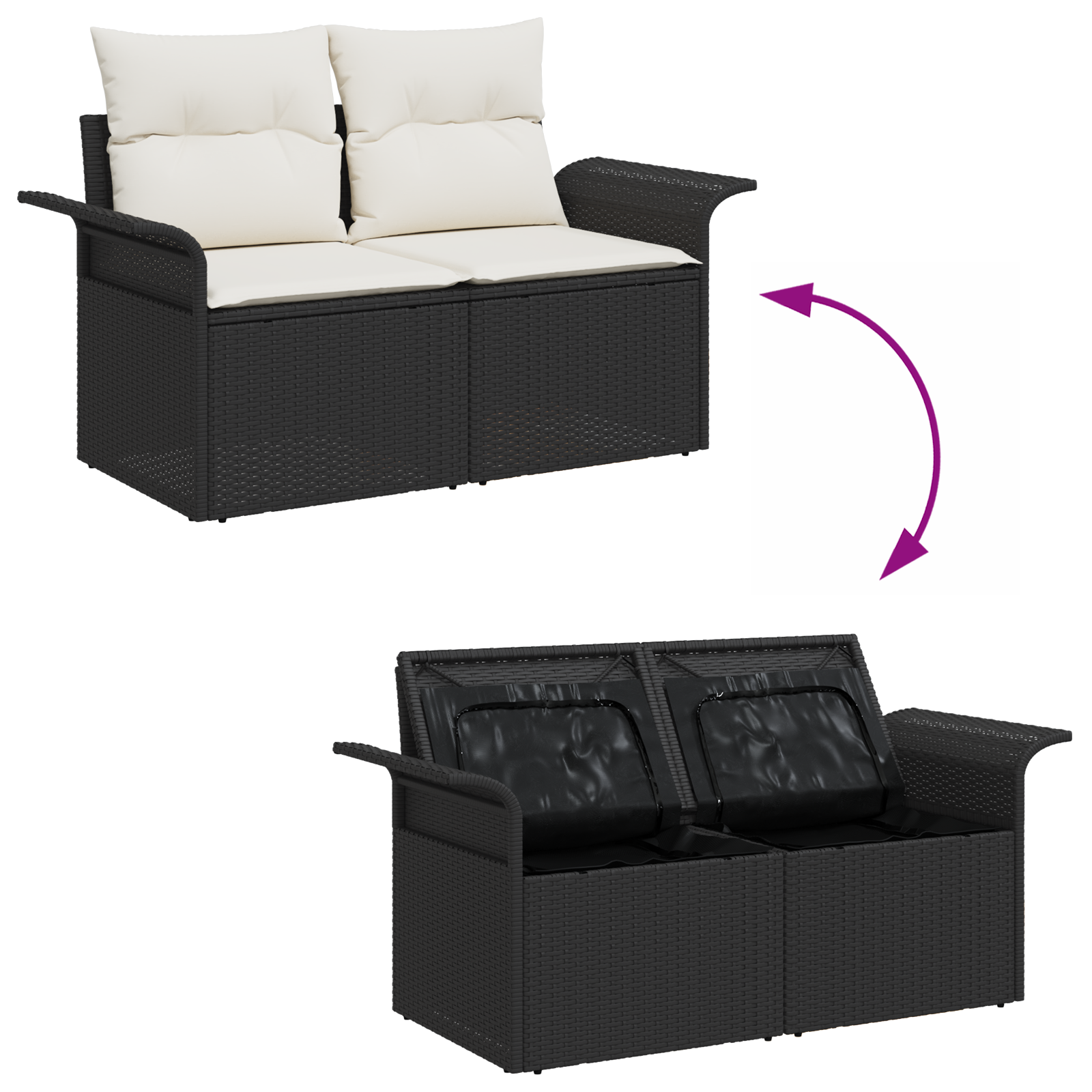 2-Seater Garden Sofa with Storage&Cushions Black Poly Rattan - Image 9