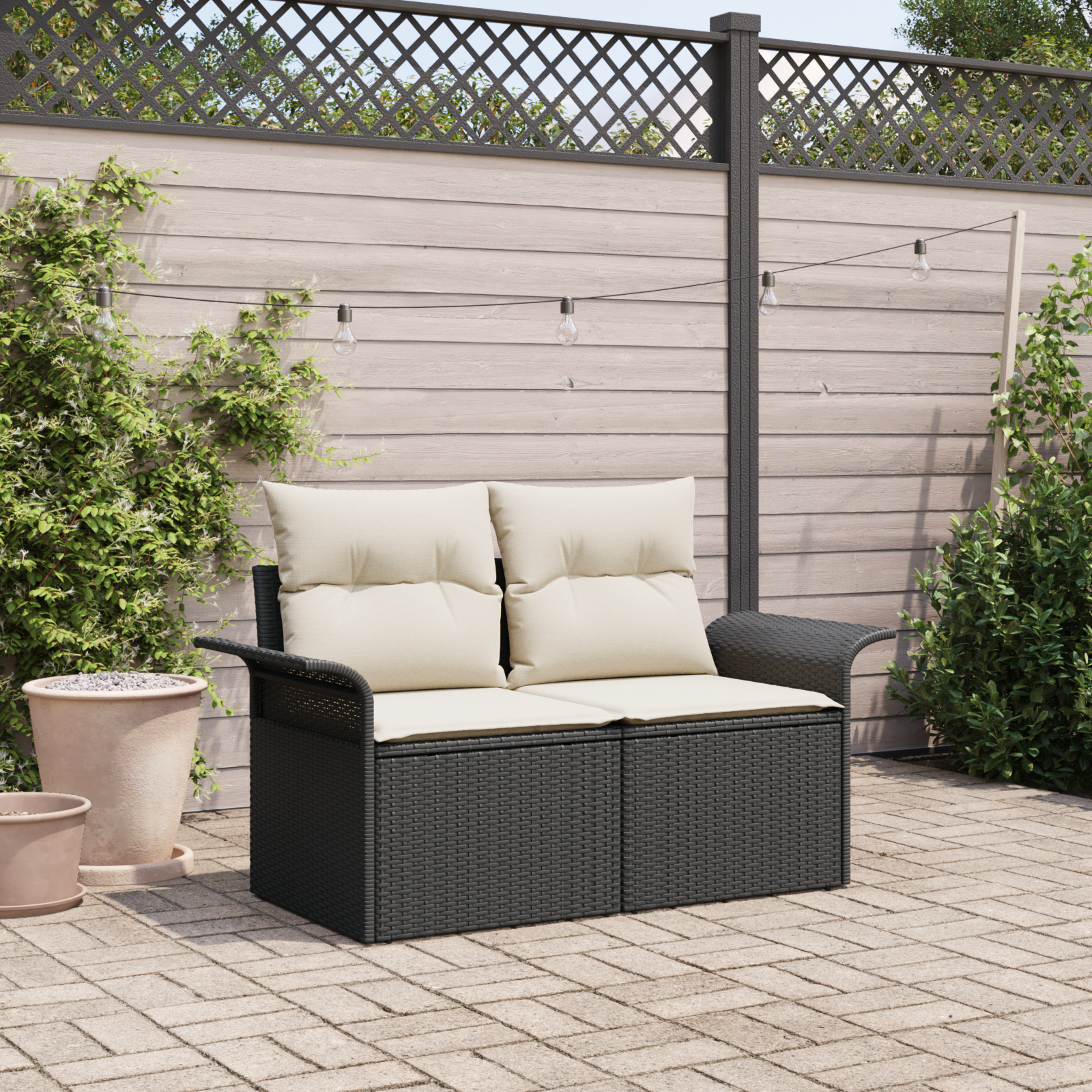 2-Seater Garden Sofa with Storage&Cushions Black Poly Rattan