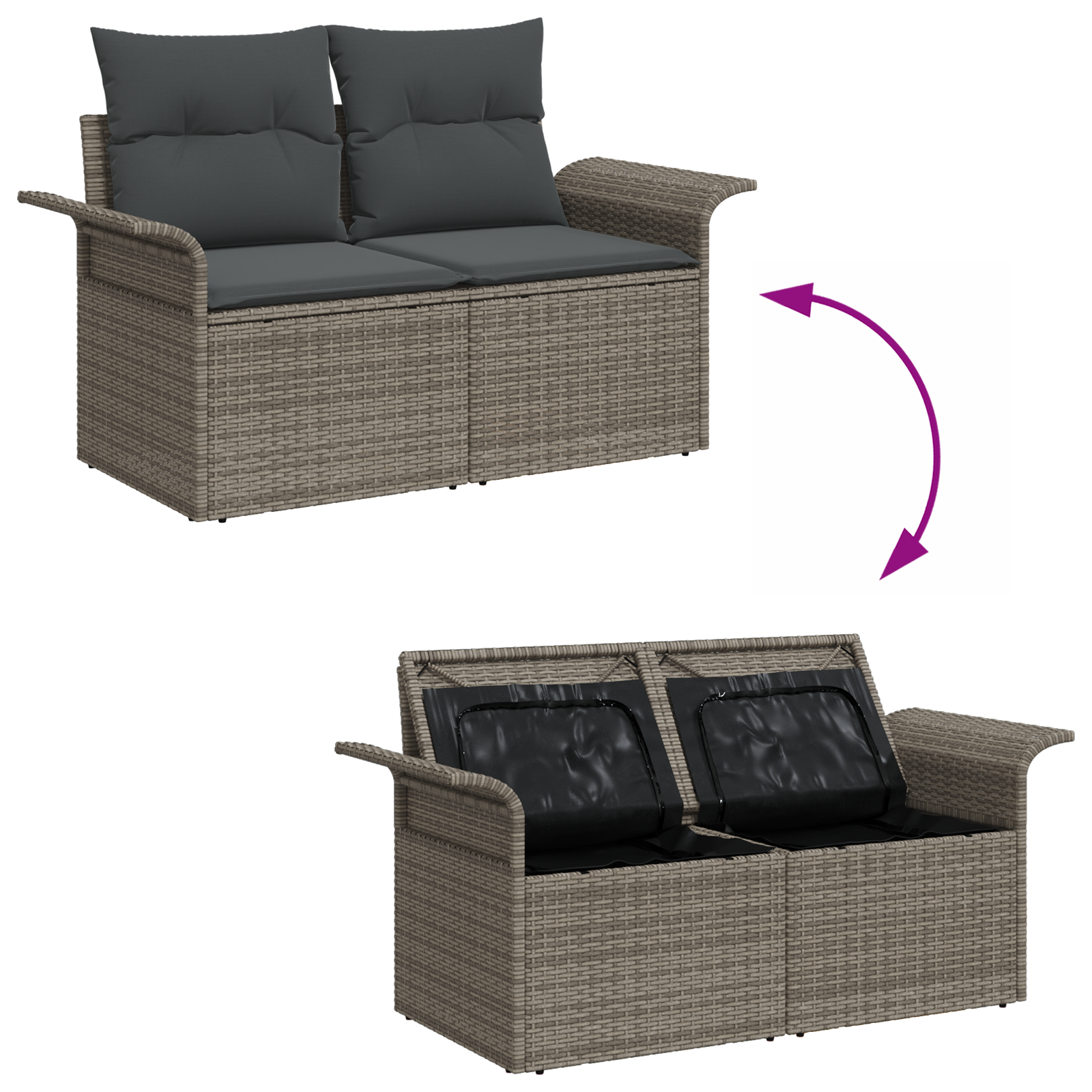 2-Seater Garden Sofa with Storage&Cushions Grey Poly Rattan - Image 9