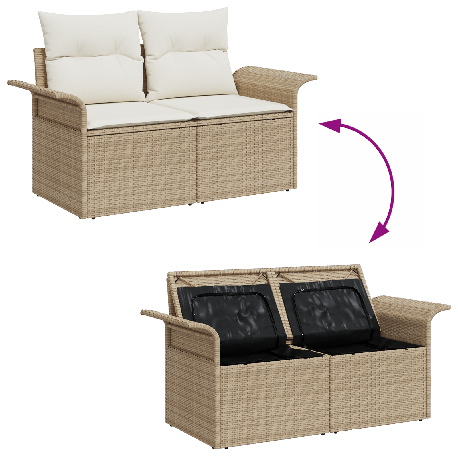 2-Seater Garden Sofa with Storage & Cushions Beige Poly Rattan - Image 9