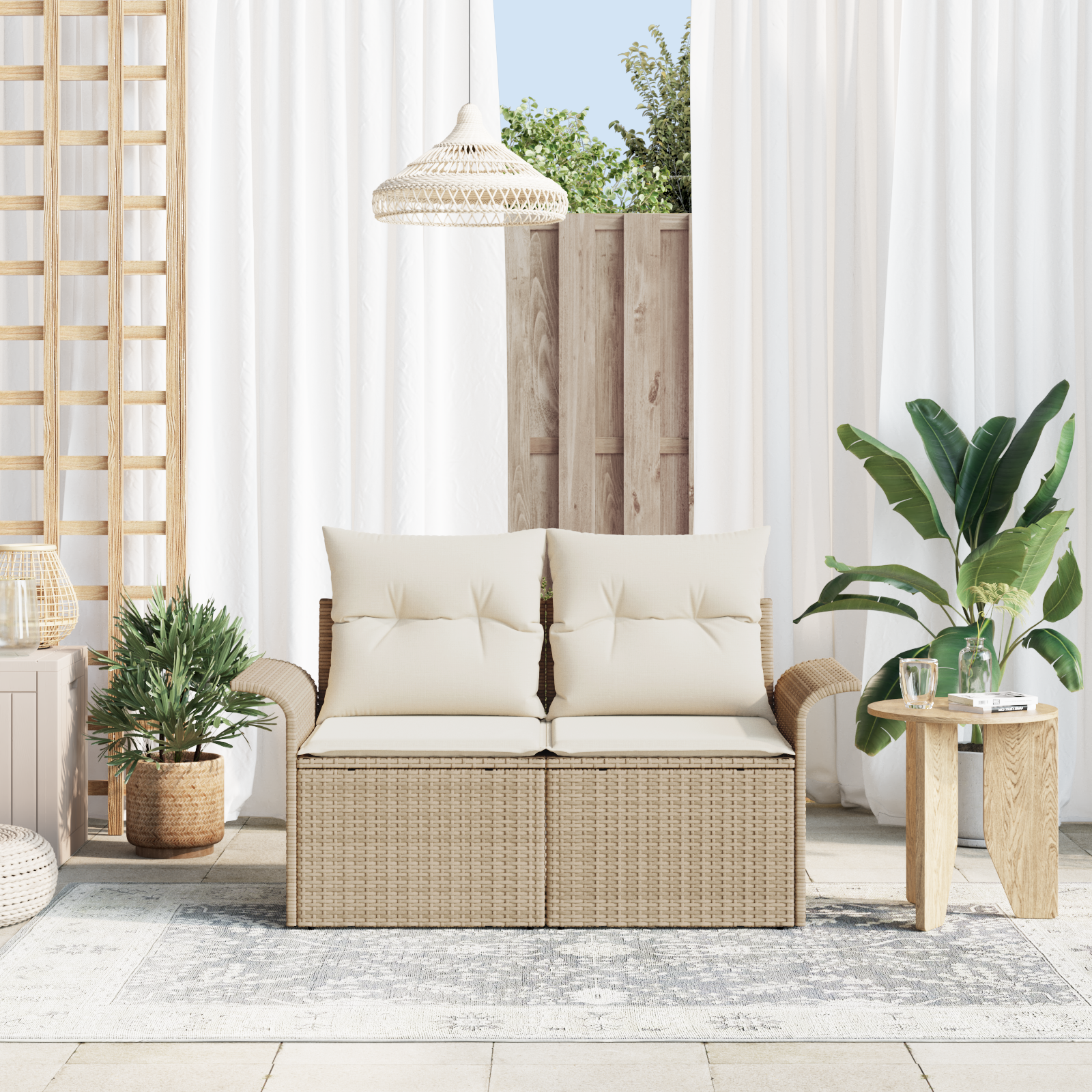 2-Seater Garden Sofa with Storage & Cushions Beige Poly Rattan - Image 3