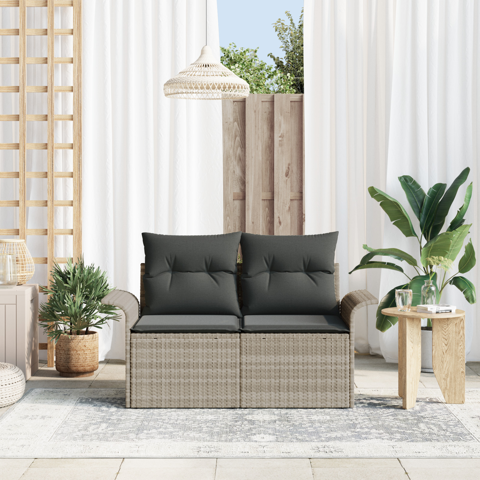 2-Seater Garden Sofa with Storage & Cushions Light Grey Poly Rattan - Image 3