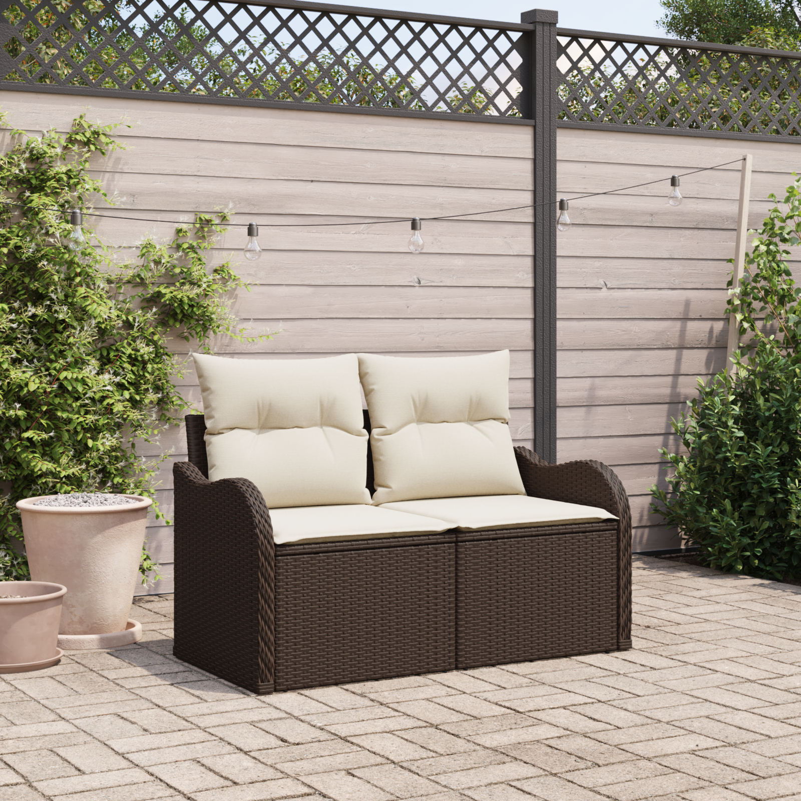 2-Seater Garden Sofa with Cushions Brown Poly Rattan
