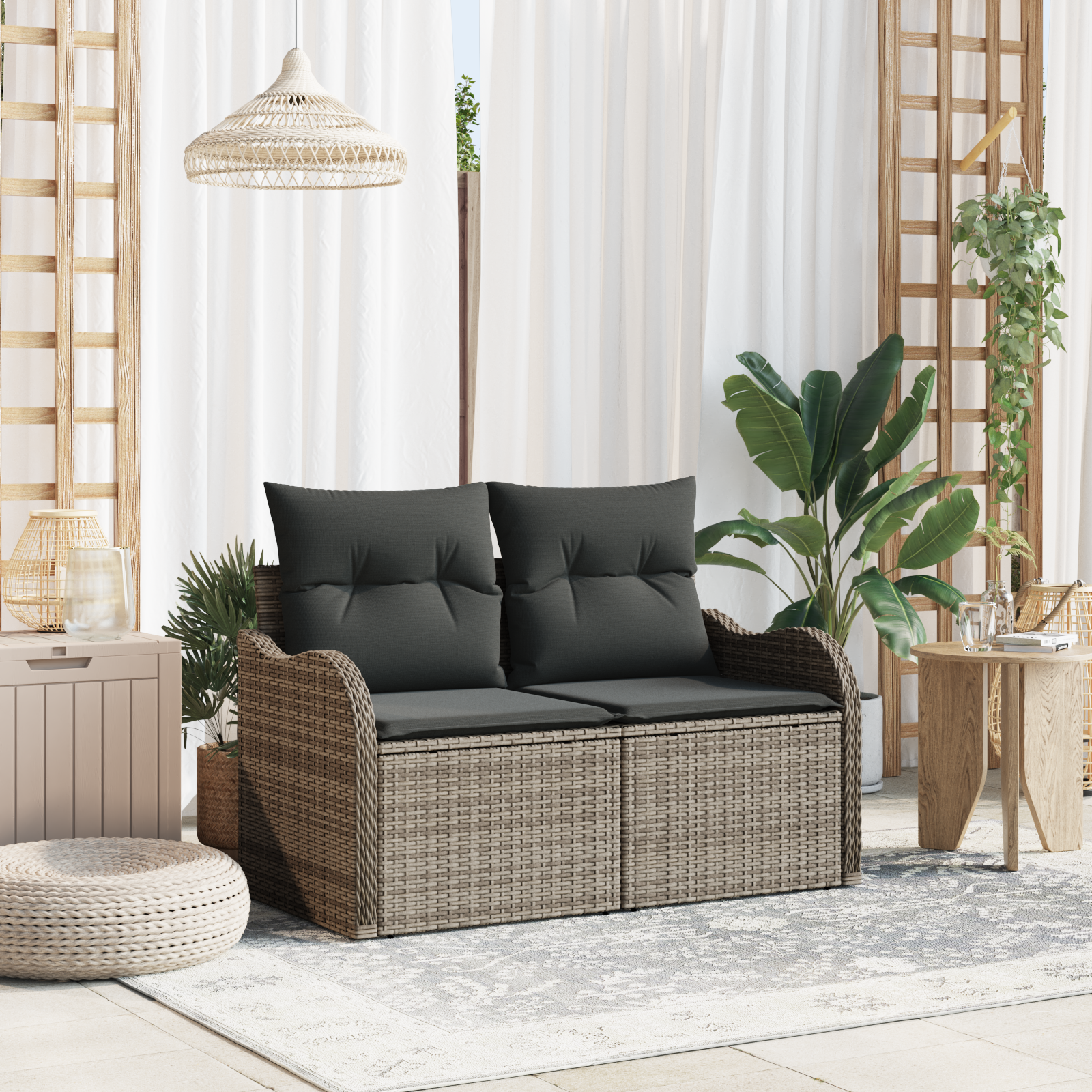 2-Seater Garden Sofa with Cushions Grey Poly Rattan