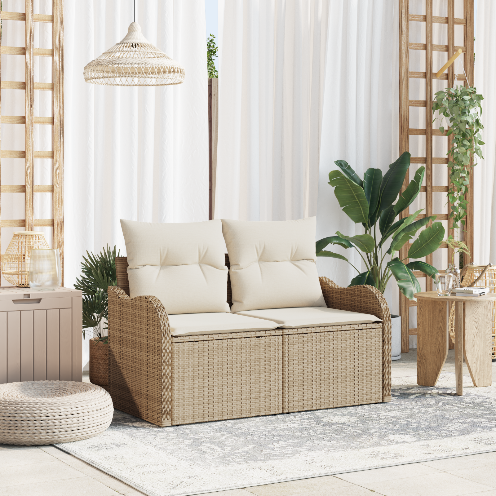 2-Seater Garden Sofa with Cushions Beige Poly Rattan