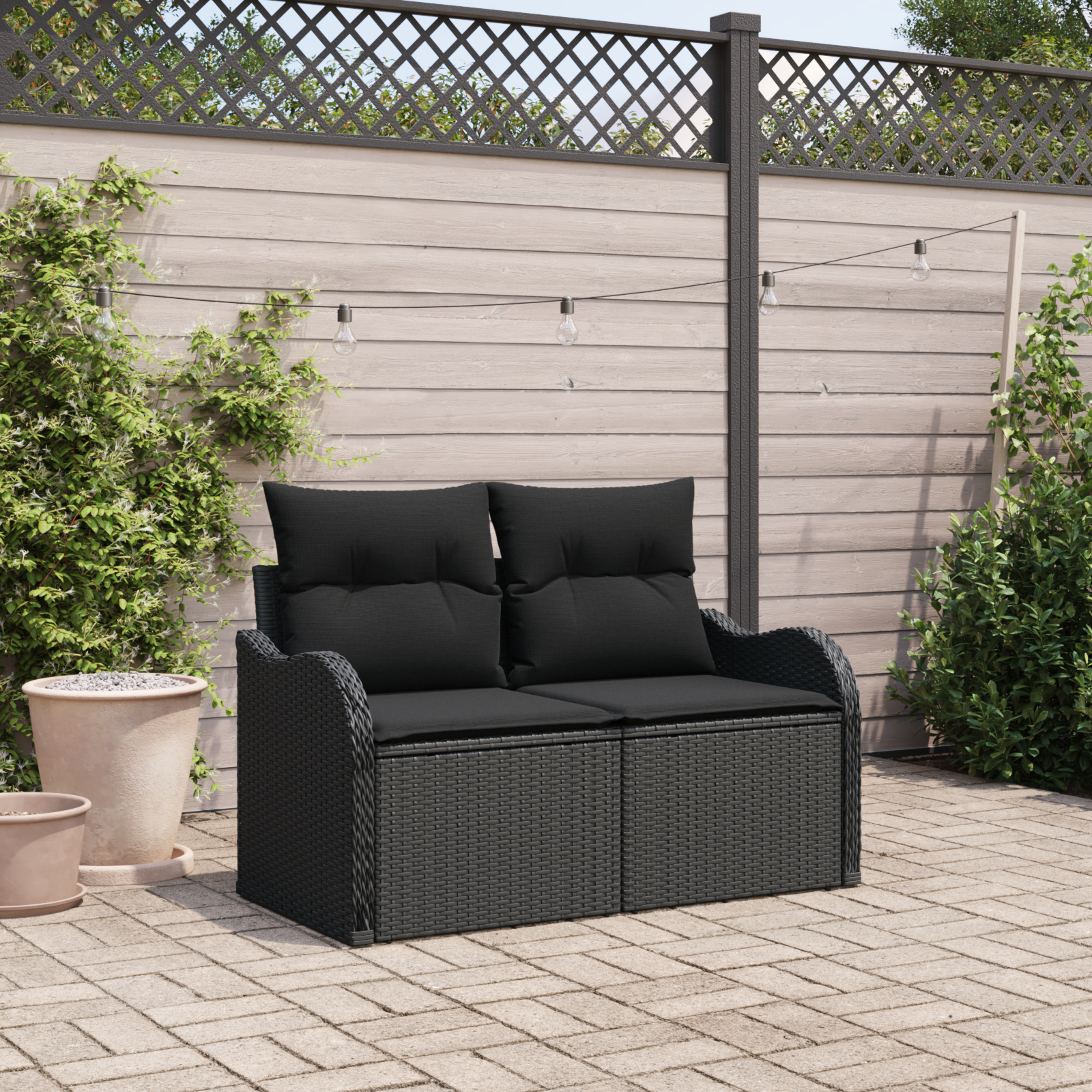 2-Seater Garden Sofa with Cushions Black Poly Rattan