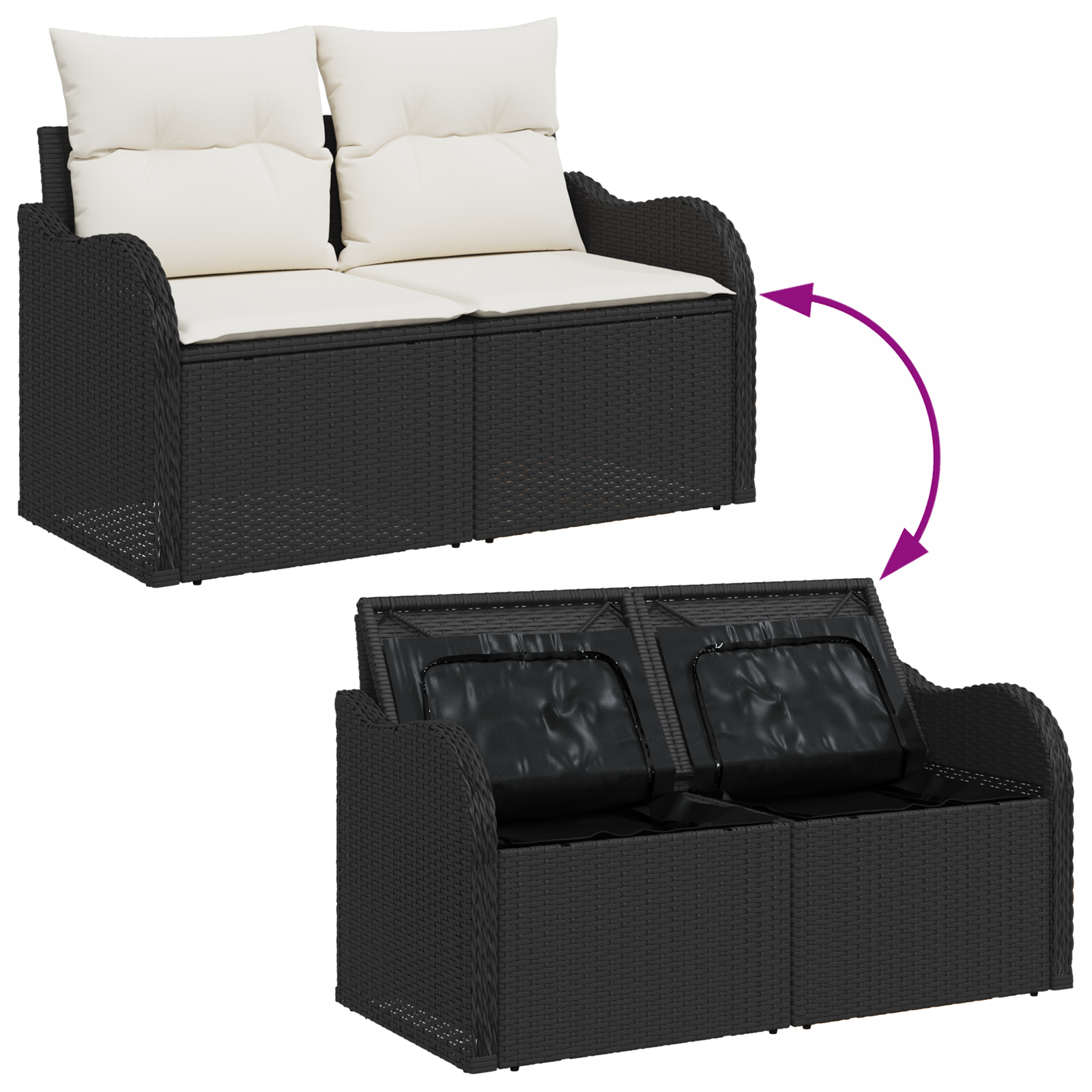 2-Seater Garden Sofa with Storage&Cushions Black Poly Rattan - Image 8