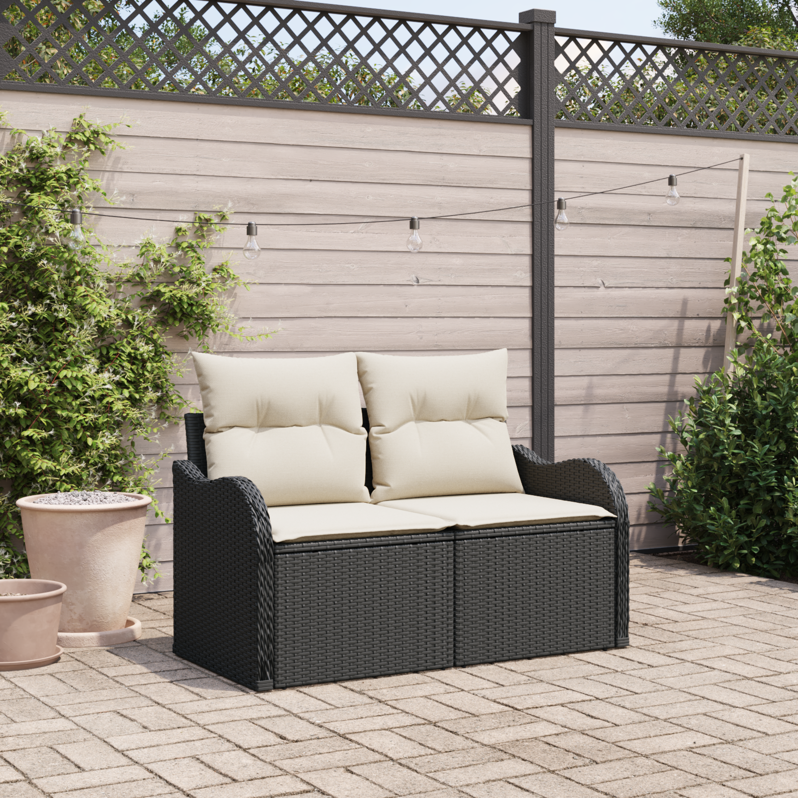 2-Seater Garden Sofa with Storage&Cushions Black Poly Rattan