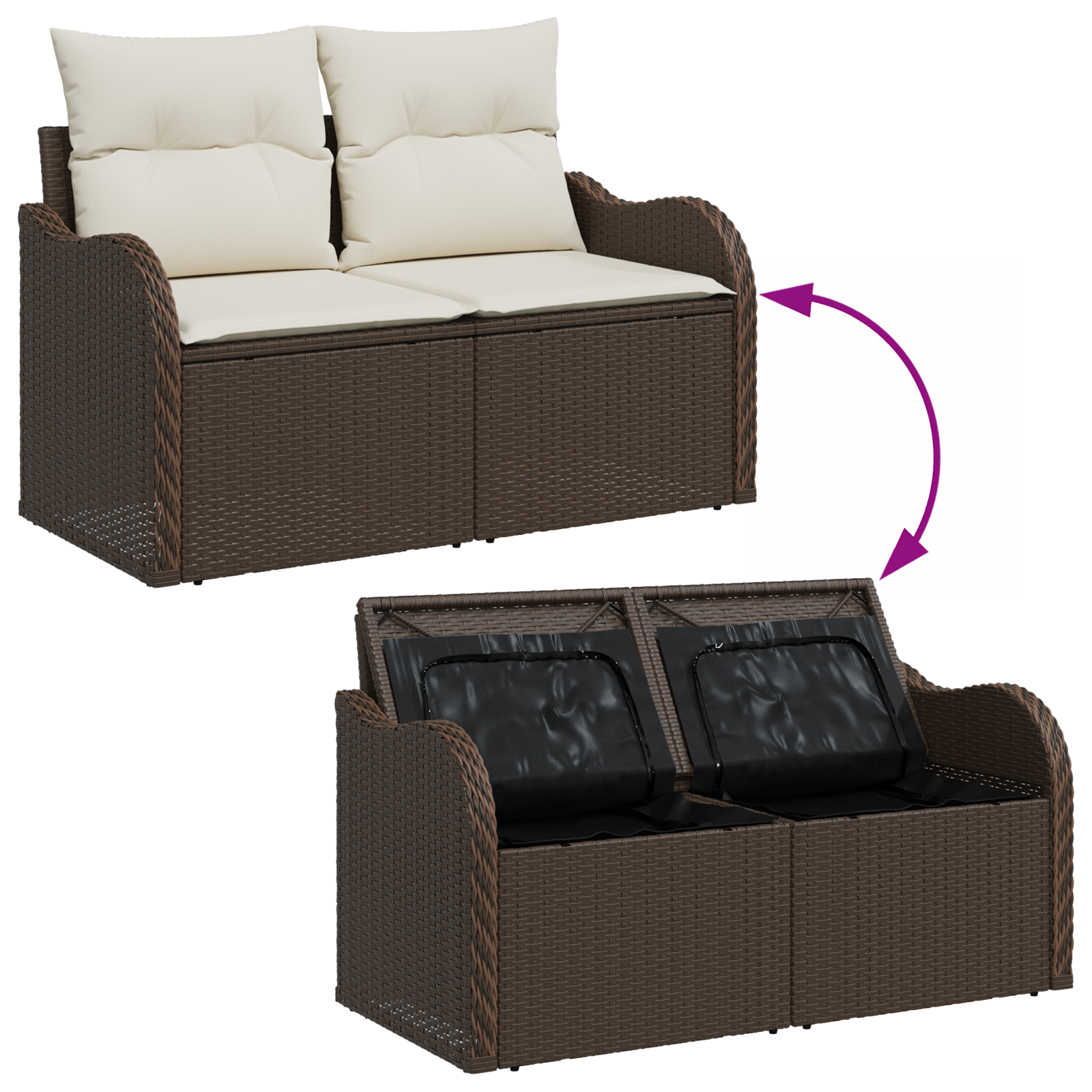 2-Seater Garden Sofa with Storage&Cushions Brown Poly Rattan - Image 8