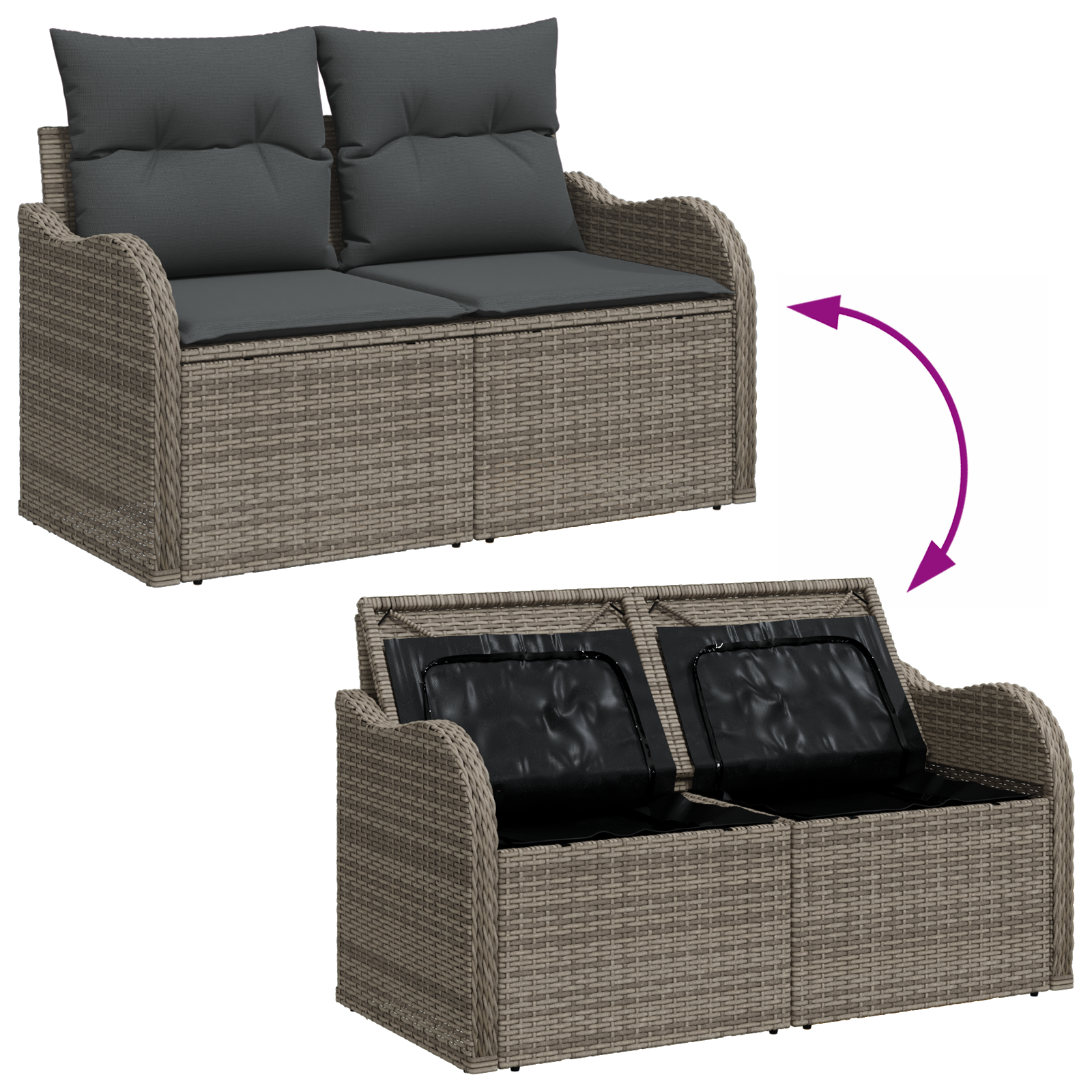 2-Seater Garden Sofa with Storage&Cushions Grey Poly Rattan - Image 7
