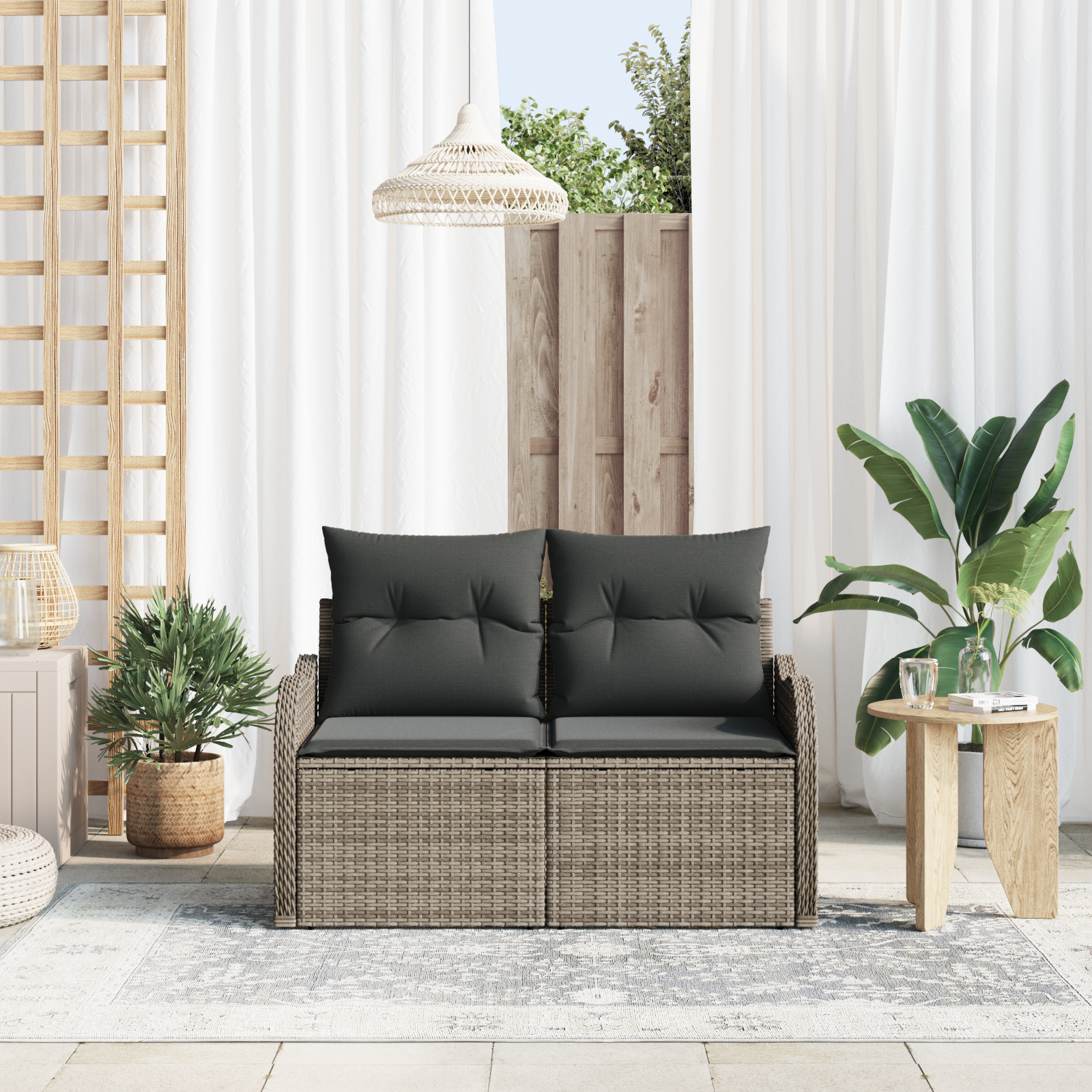 2-Seater Garden Sofa with Storage&Cushions Grey Poly Rattan