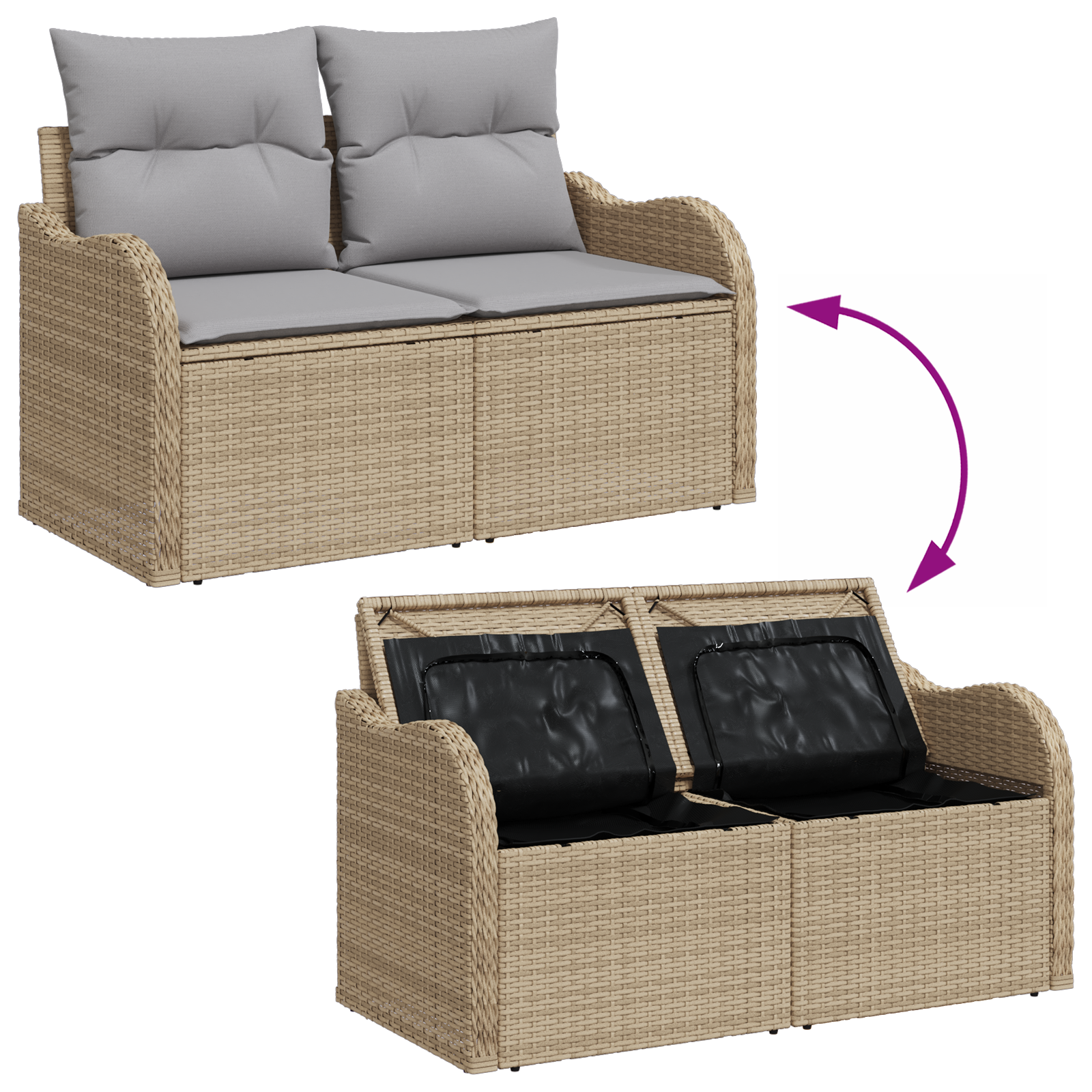 2-Seater Garden Sofa with Storage&Cushions Beige Poly Rattan - Image 9