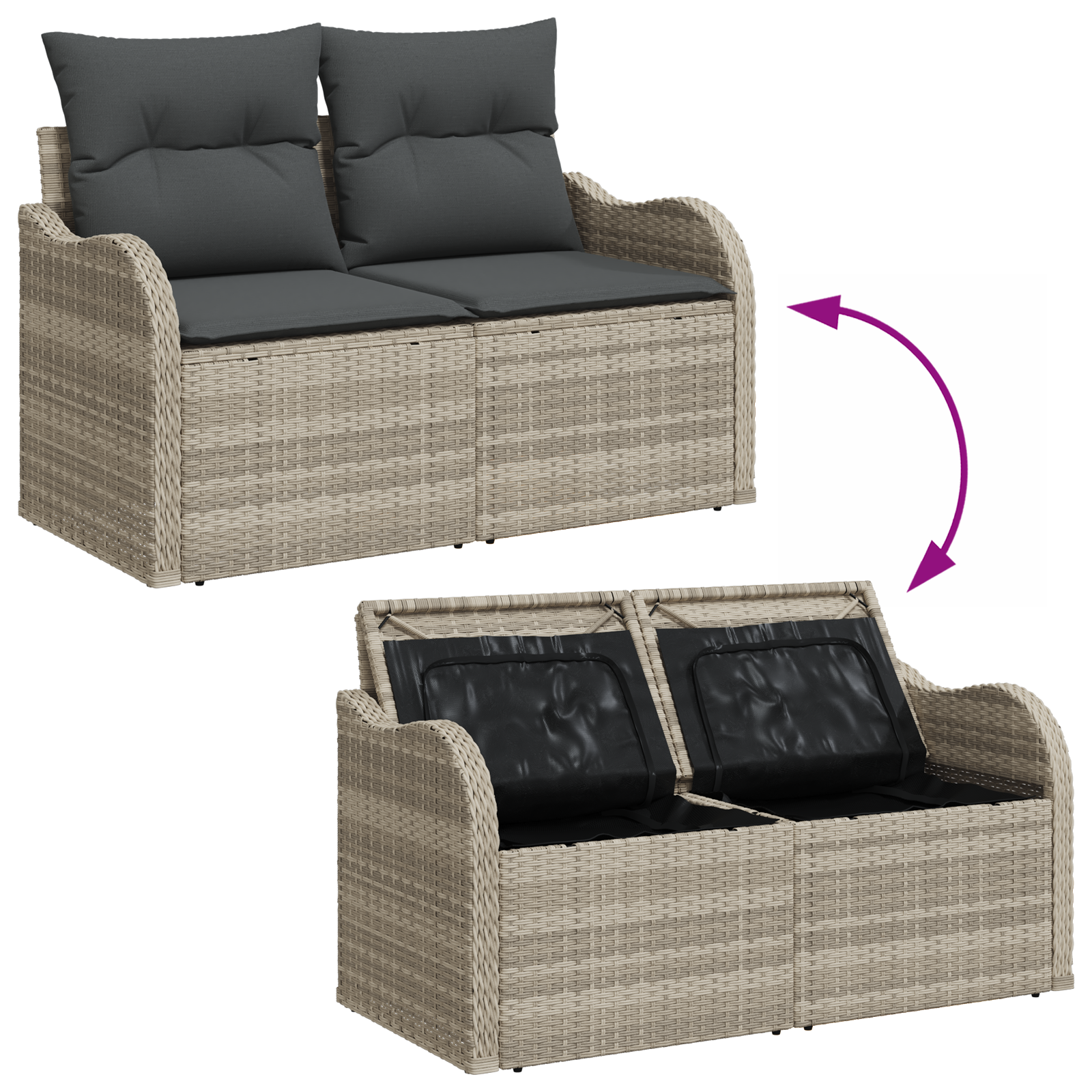 2-Seater Garden Sofa with Storage&Cushions Light Grey Poly Rattan - Image 9