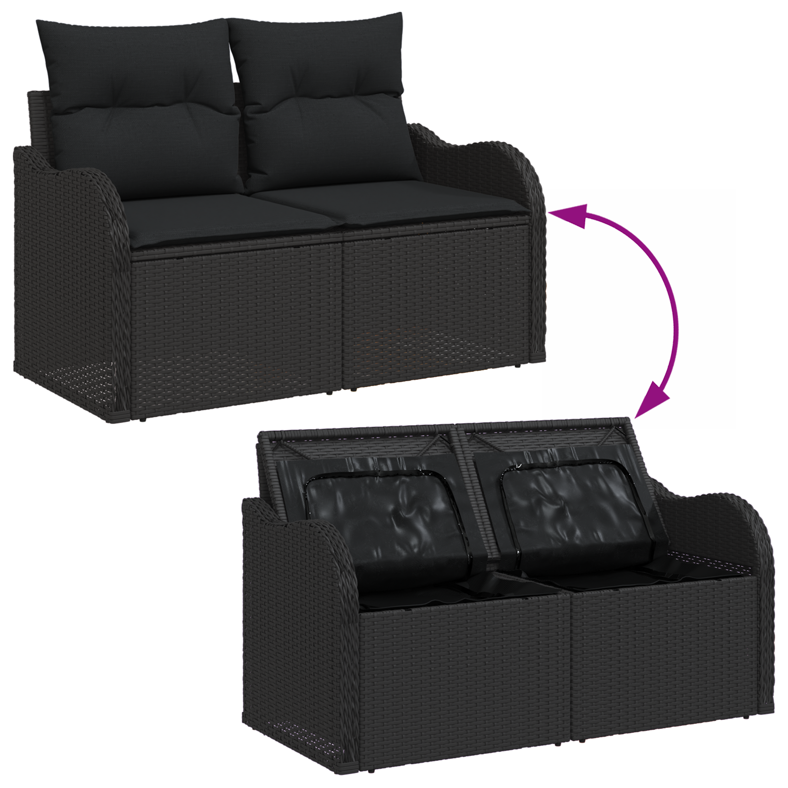 2-Seater Garden Sofa with Storage&Cushions Black Poly Rattan - Image 8