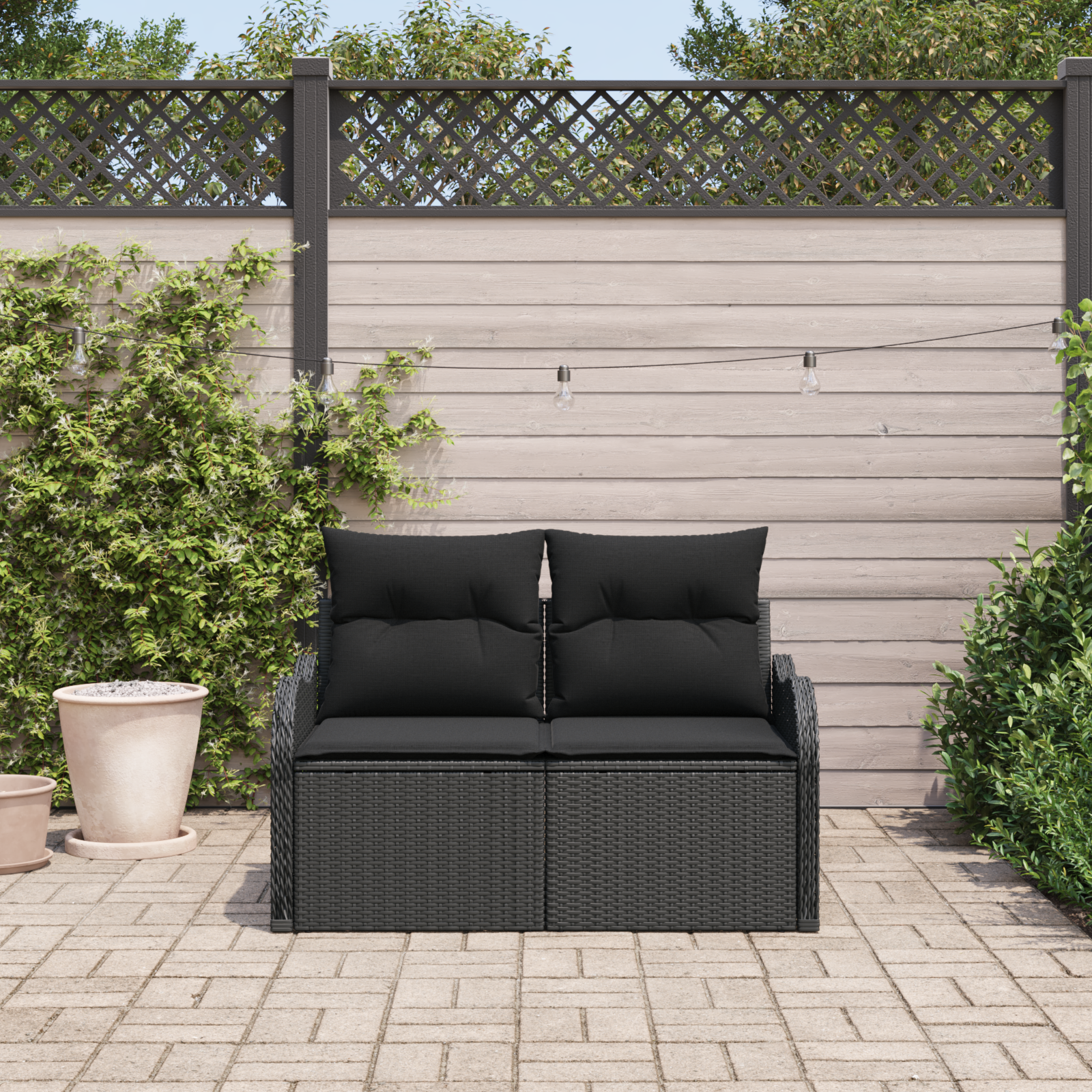 2-Seater Garden Sofa with Storage&Cushions Black Poly Rattan