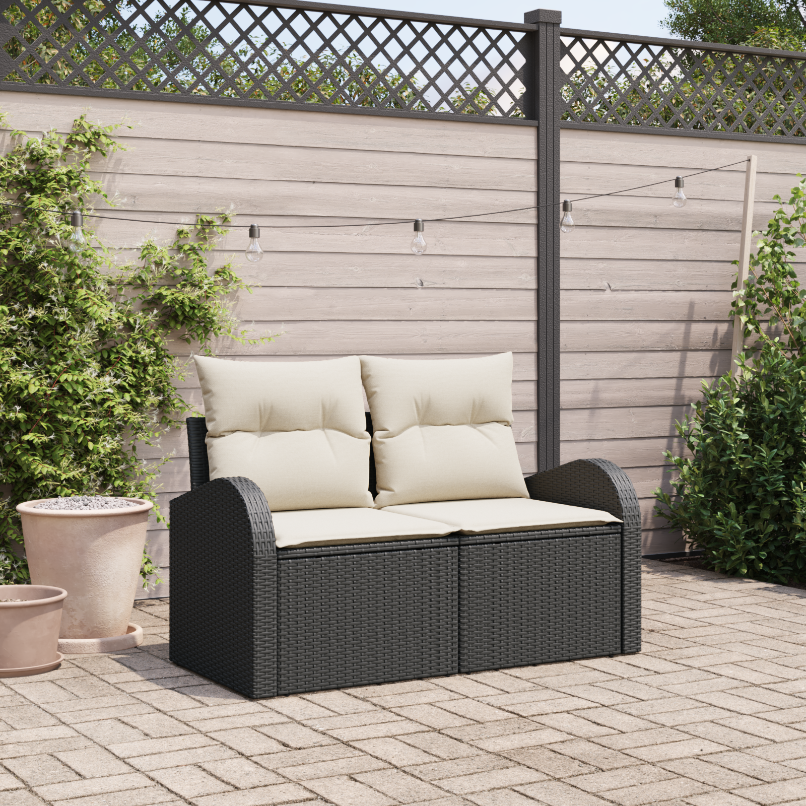 2-Seater Garden Sofa with Cushions Black Poly Rattan