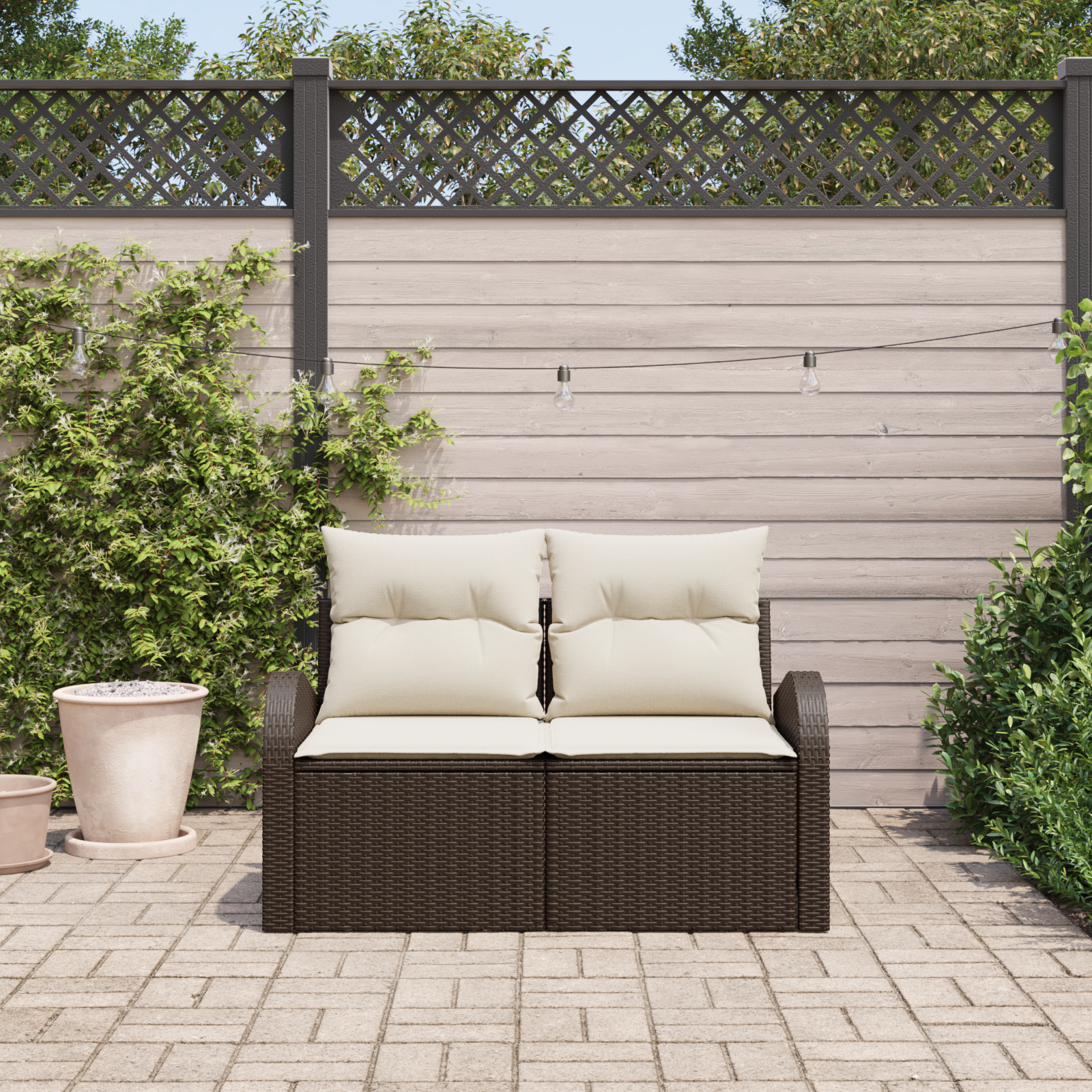 2-Seater Garden Sofa with Cushions Brown Poly Rattan