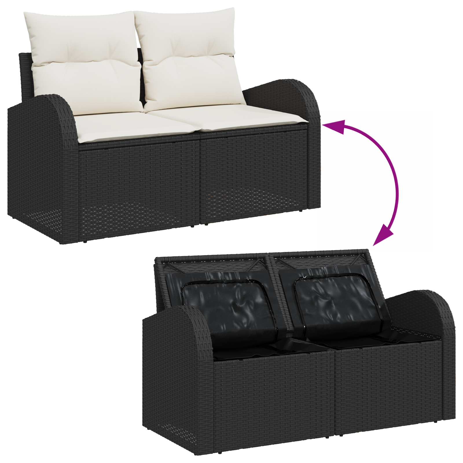 2-Seater Garden Sofa with Storage & Cushions Black Poly Rattan - Image 7