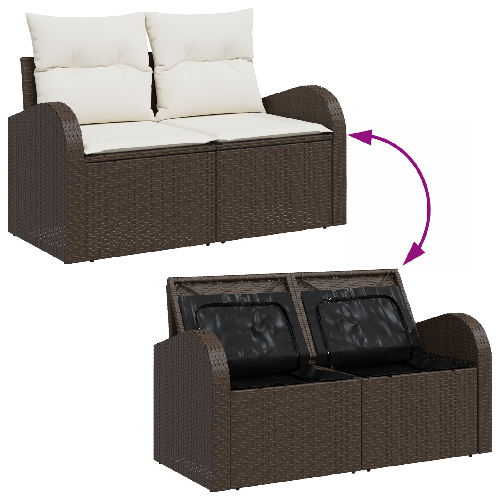 2-Seater Garden Sofa with Storage & Cushions Brown Poly Rattan - Image 7