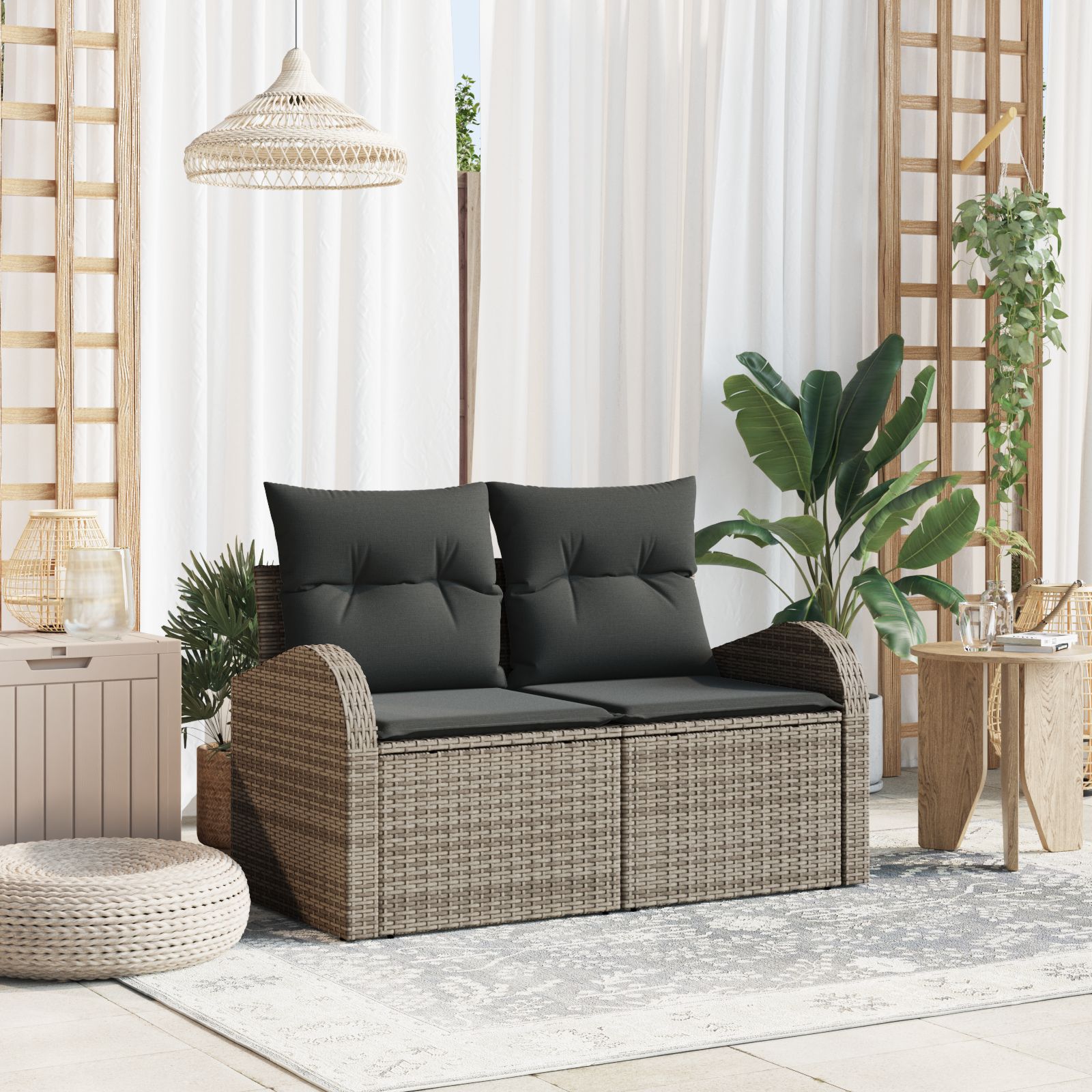 2-Seater Garden Sofa with Storage & Cushions Grey Poly Rattan