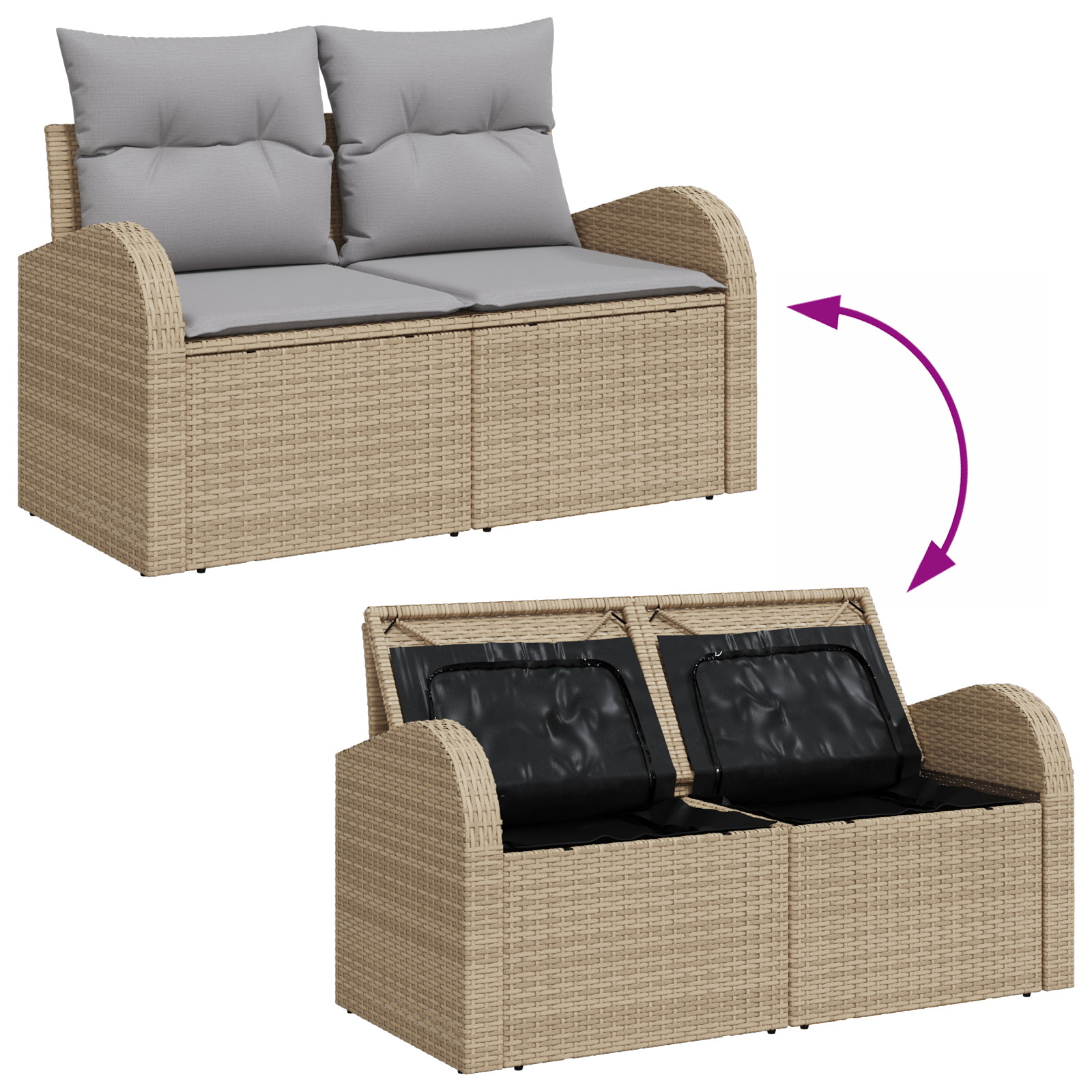 2-Seater Garden Sofa with Storage & Cushions Beige Poly Rattan - Image 7