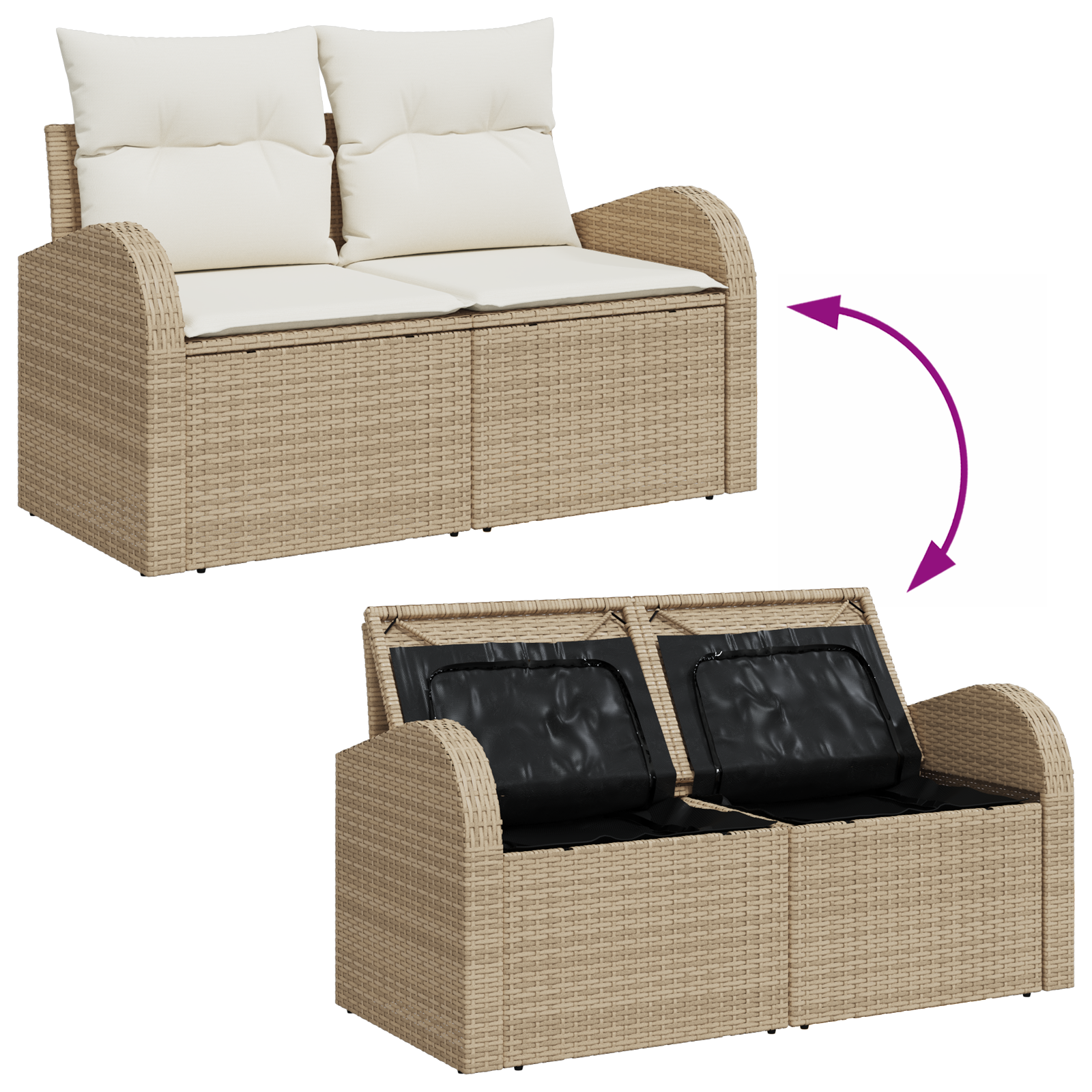 2-Seater Garden Sofa with Storage& Cushions Beige Poly Rattan - Image 6
