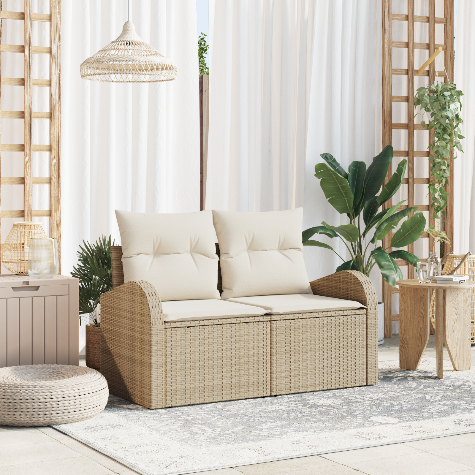 2-Seater Garden Sofa with Storage& Cushions Beige Poly Rattan