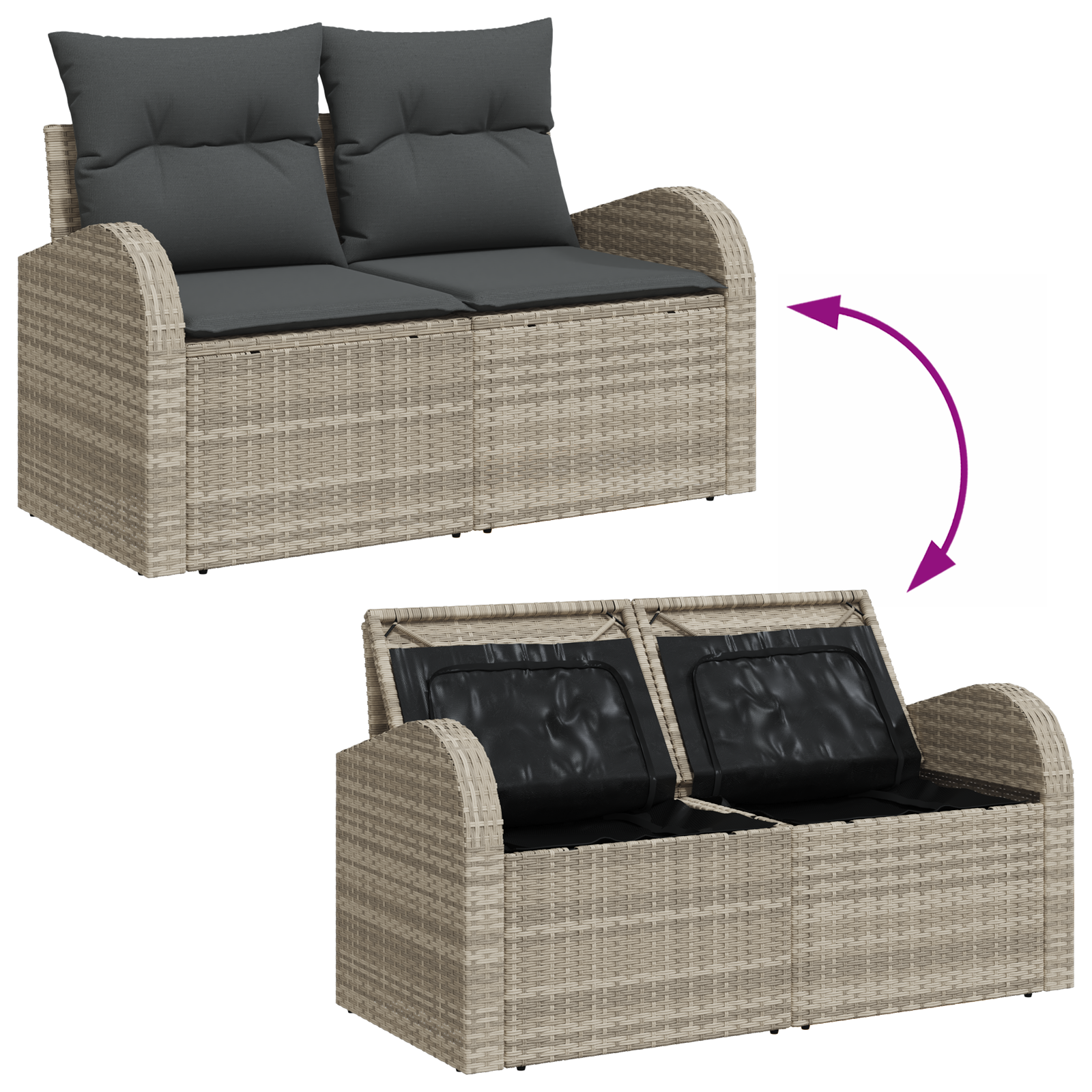 2-Seater Garden Sofa with Storage & Cushions Light Grey Poly Rattan - Image 9