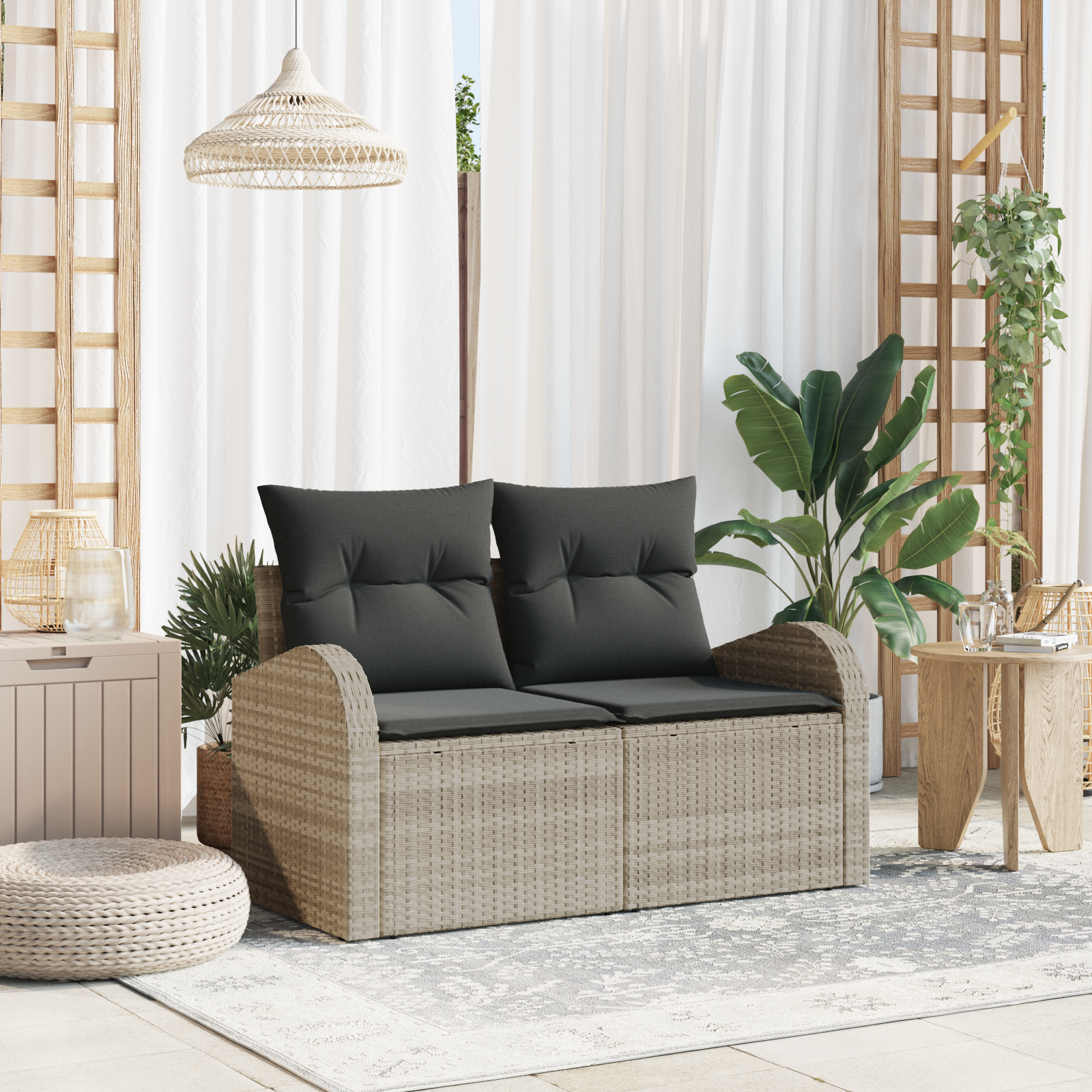 Thumbnail - vidaXL 2-Sitzer Garten-Sofa mit Stauraum und Kissen in Hellgrau, aus Poly-Rattan.