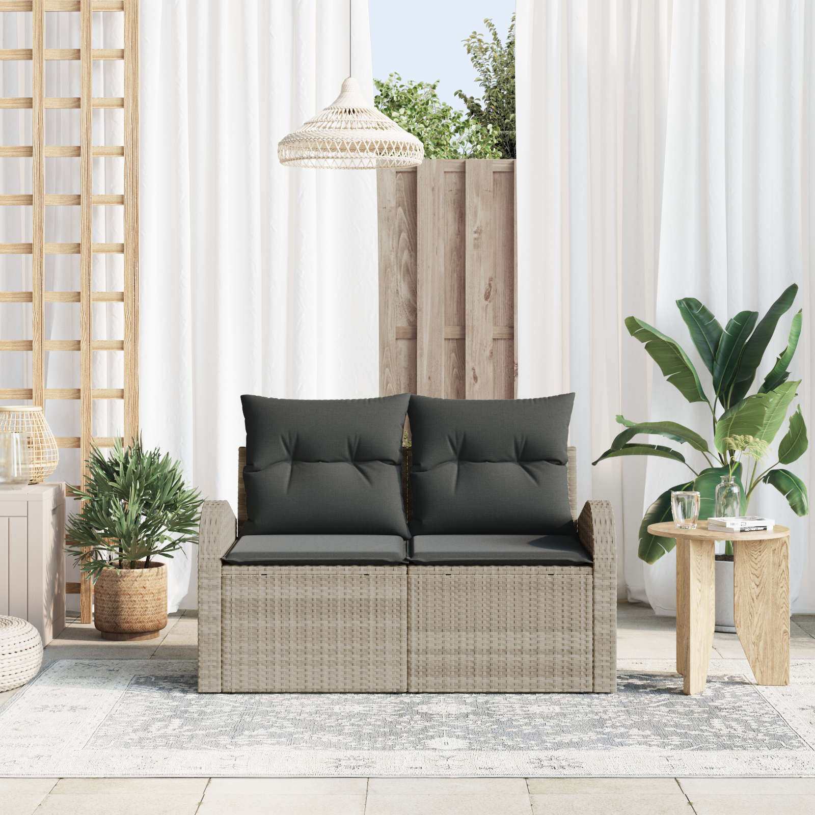 Thumbnail - vidaXL 2-Sitzer Garten-Sofa mit Stauraum und Kissen in Hellgrau, aus Poly-Rattan.